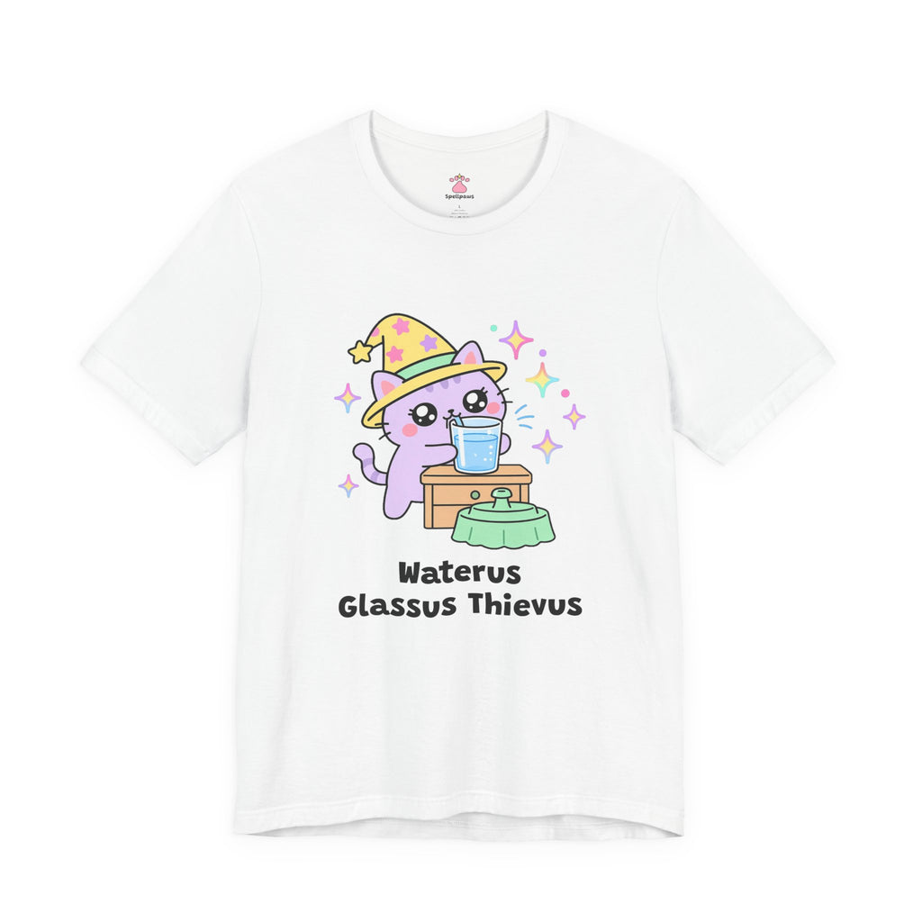 Lavender wizard cat in a yellow hat drinking from a human water glass on a nightstand, Waterus Glassus Thievus tee