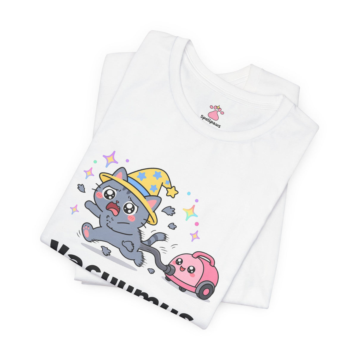 Grey wizard cat in a yellow hat fleeing in panic from a pink vacuum cleaner, fur flying, Vacuumus Fleeus tee