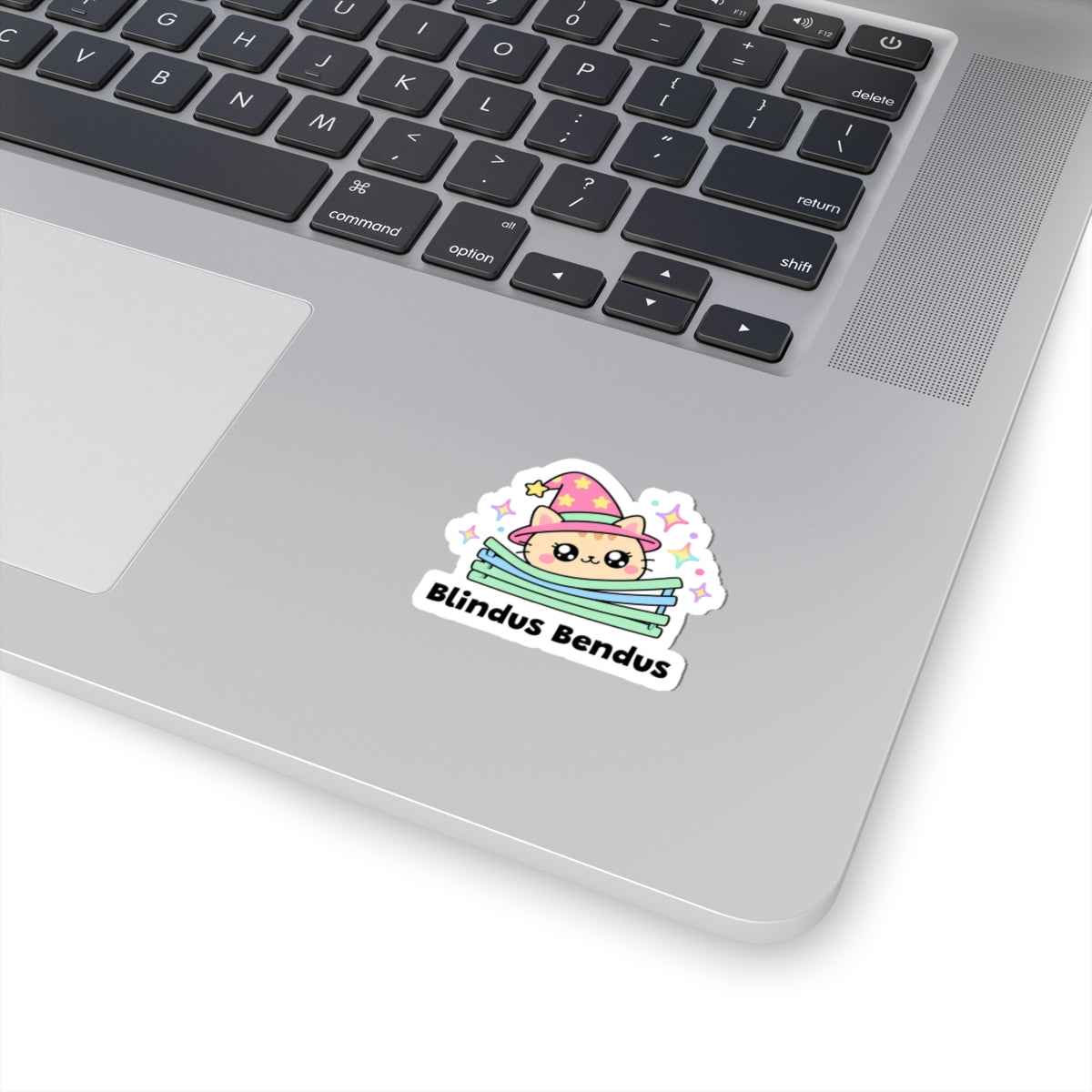 Blindus Bendus wizard cat sticker stuck on a silver laptop next to the keyboard