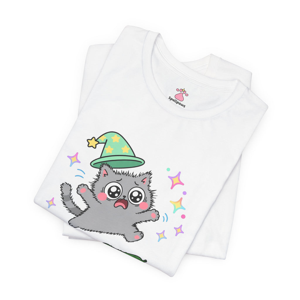 Gray wizard cat in a green hat leaping into the air in fright at a cucumber on the floor, Cucumberus Terrorus tee