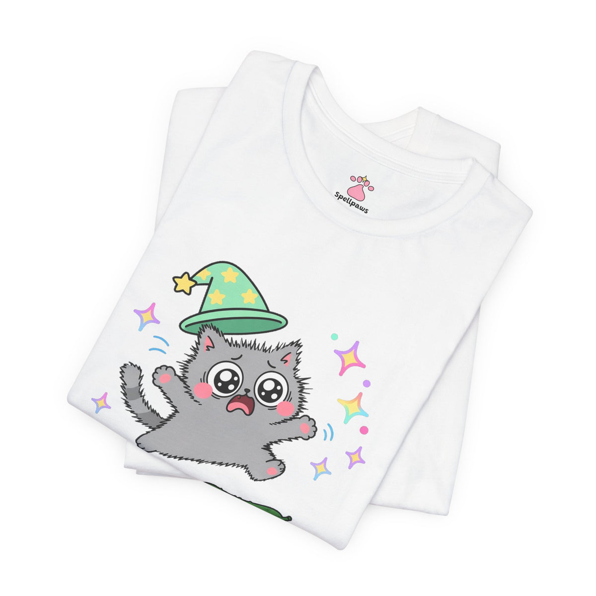 Gray wizard cat in a green hat leaping into the air in fright at a cucumber on the floor, Cucumberus Terrorus tee