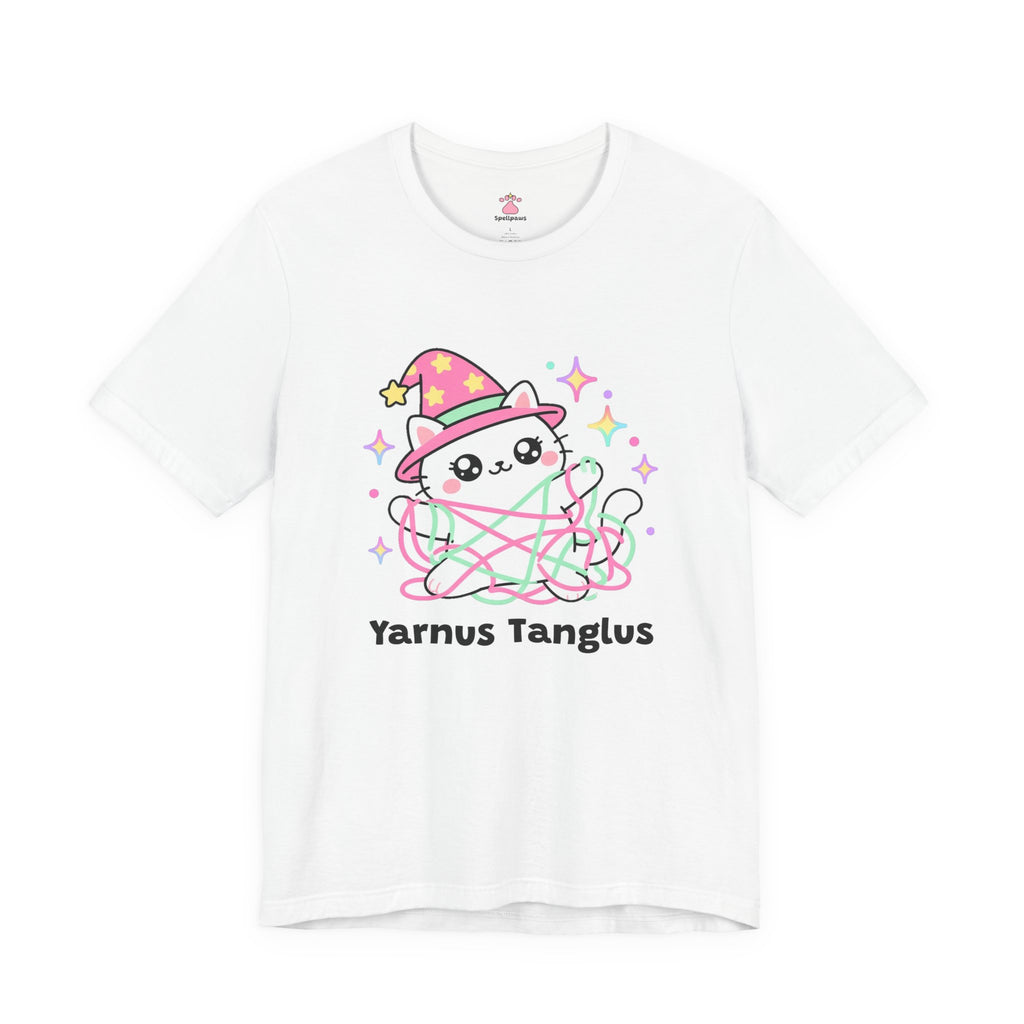 White wizard cat in a pink hat proudly wrapped up in pink and mint yarn, Yarnus Tanglus tee