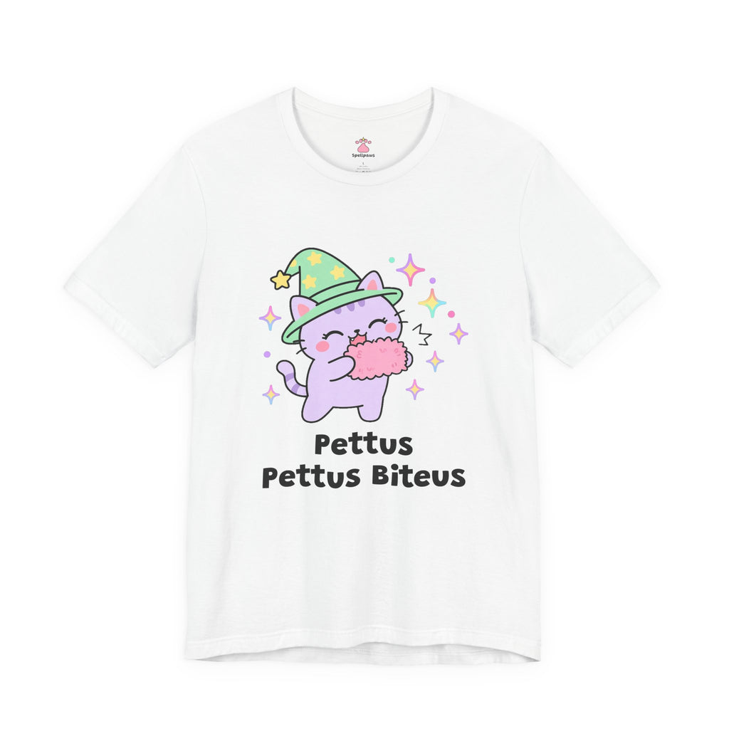 Lavender wizard cat in a green hat happily chomping a pink human hand, Pettus Pettus Biteus tee