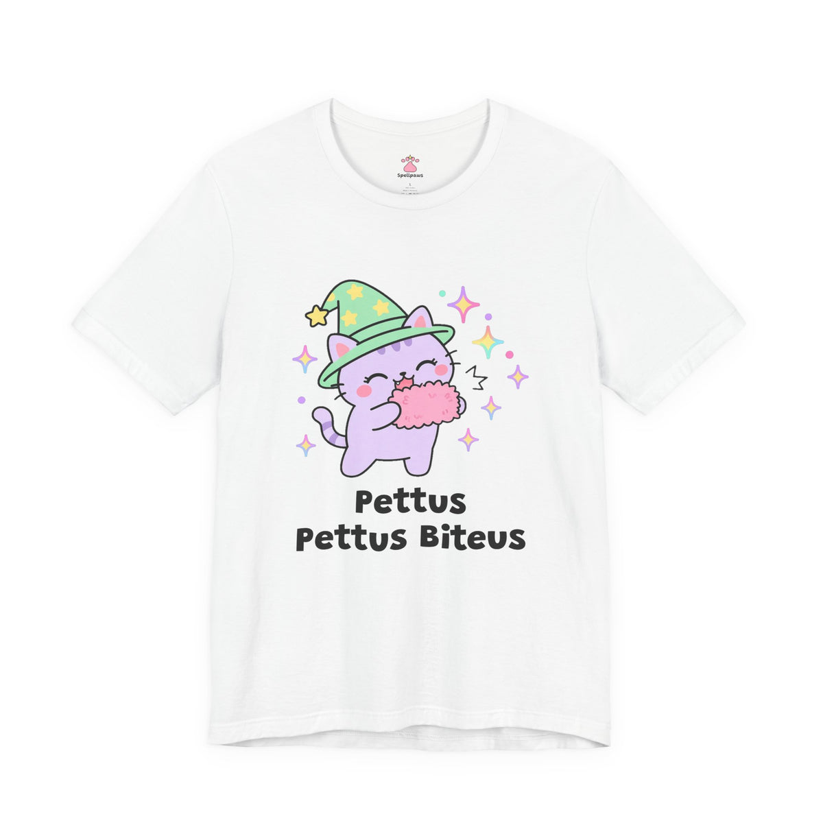 Lavender wizard cat in a green hat happily chomping a pink human hand, Pettus Pettus Biteus tee