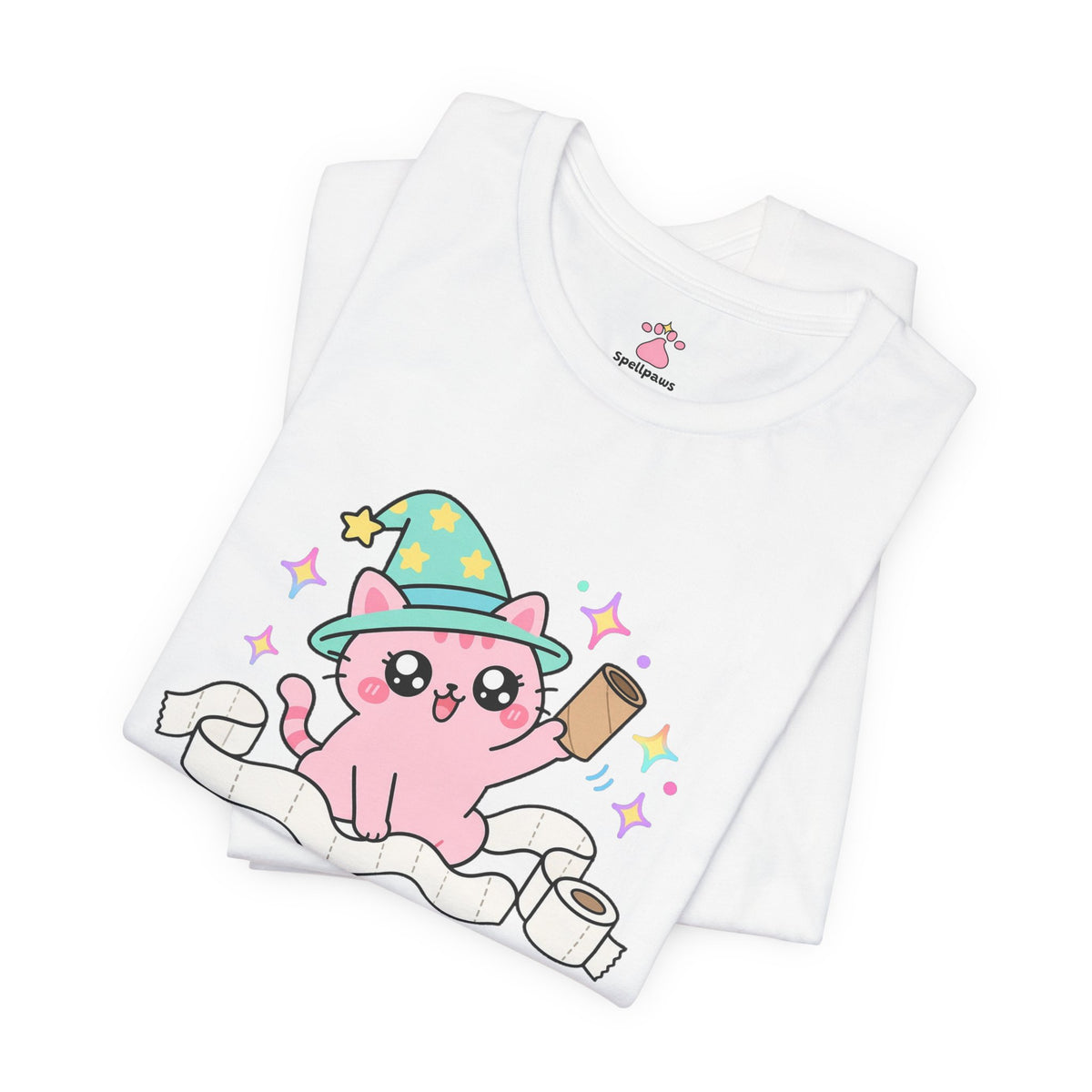 Folded white Toiletus Paperus Unrollus T-shirt showing a close-up of the pink wizard cat in a mint star hat holding an empty cardboard roll, surrounded by unrolled toilet paper