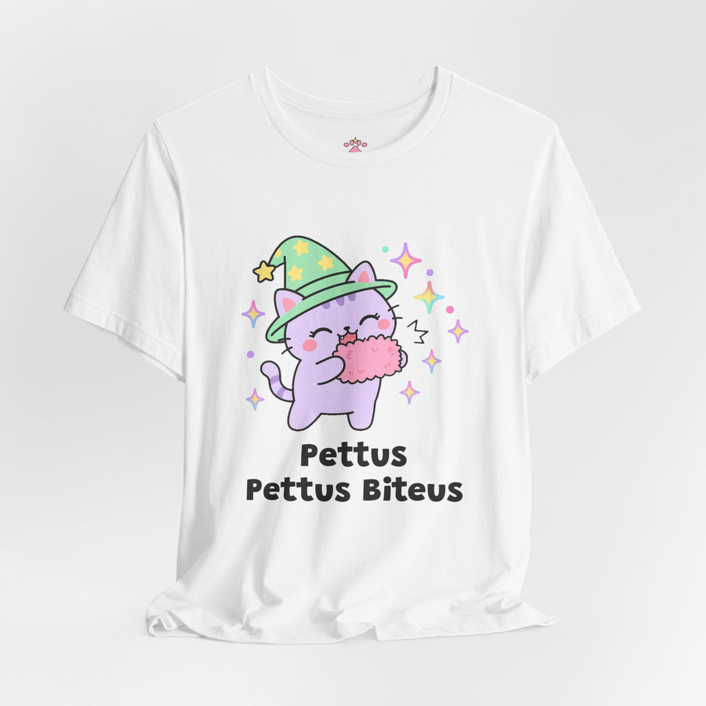Lavender wizard cat in a green hat happily chomping a pink human hand, Pettus Pettus Biteus tee