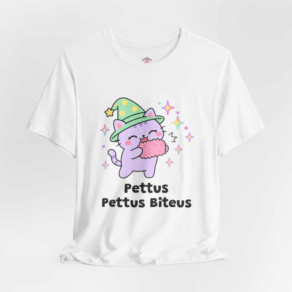 Lavender wizard cat in a green hat happily chomping a pink human hand, Pettus Pettus Biteus tee