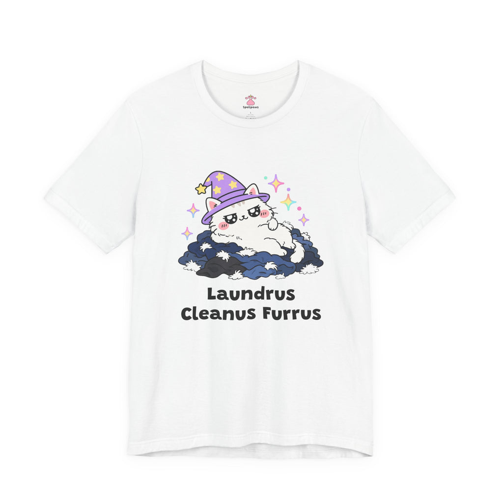 White wizard cat in a purple hat lounging smugly on a pile of freshly washed dark clothes, Laundrus Cleanus Furrus tee