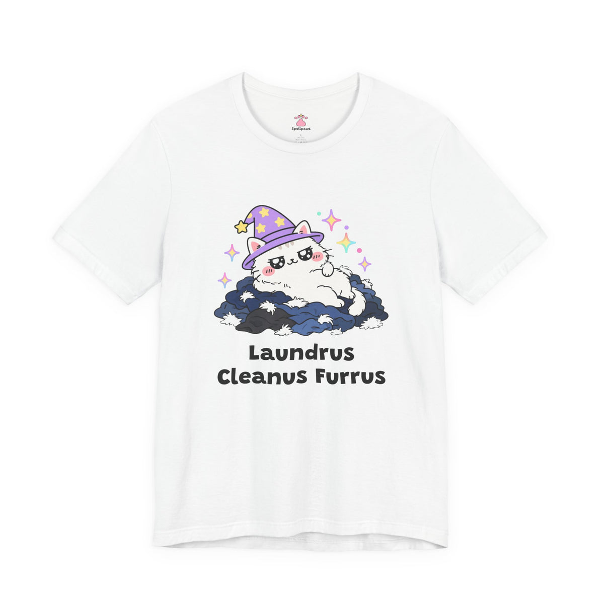 White wizard cat in a purple hat lounging smugly on a pile of freshly washed dark clothes, Laundrus Cleanus Furrus tee