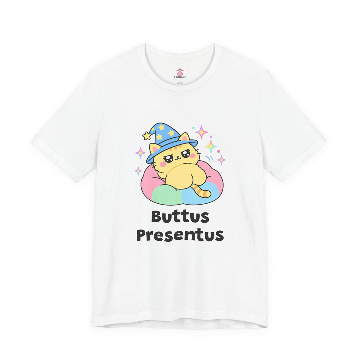 Yellow wizard cat in a rainbow hat turning around on a cushion and proudly showing its fluffy butt, Buttus Presentus tee