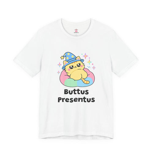 Yellow wizard cat in a rainbow hat turning around on a cushion and proudly showing its fluffy butt, Buttus Presentus tee
