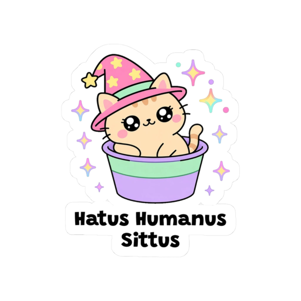 Hatus Humanus Sittus kiss-cut vinyl sticker on a white background, size option 4: peach wizard cat in a pink hat sitting inside a human's hat