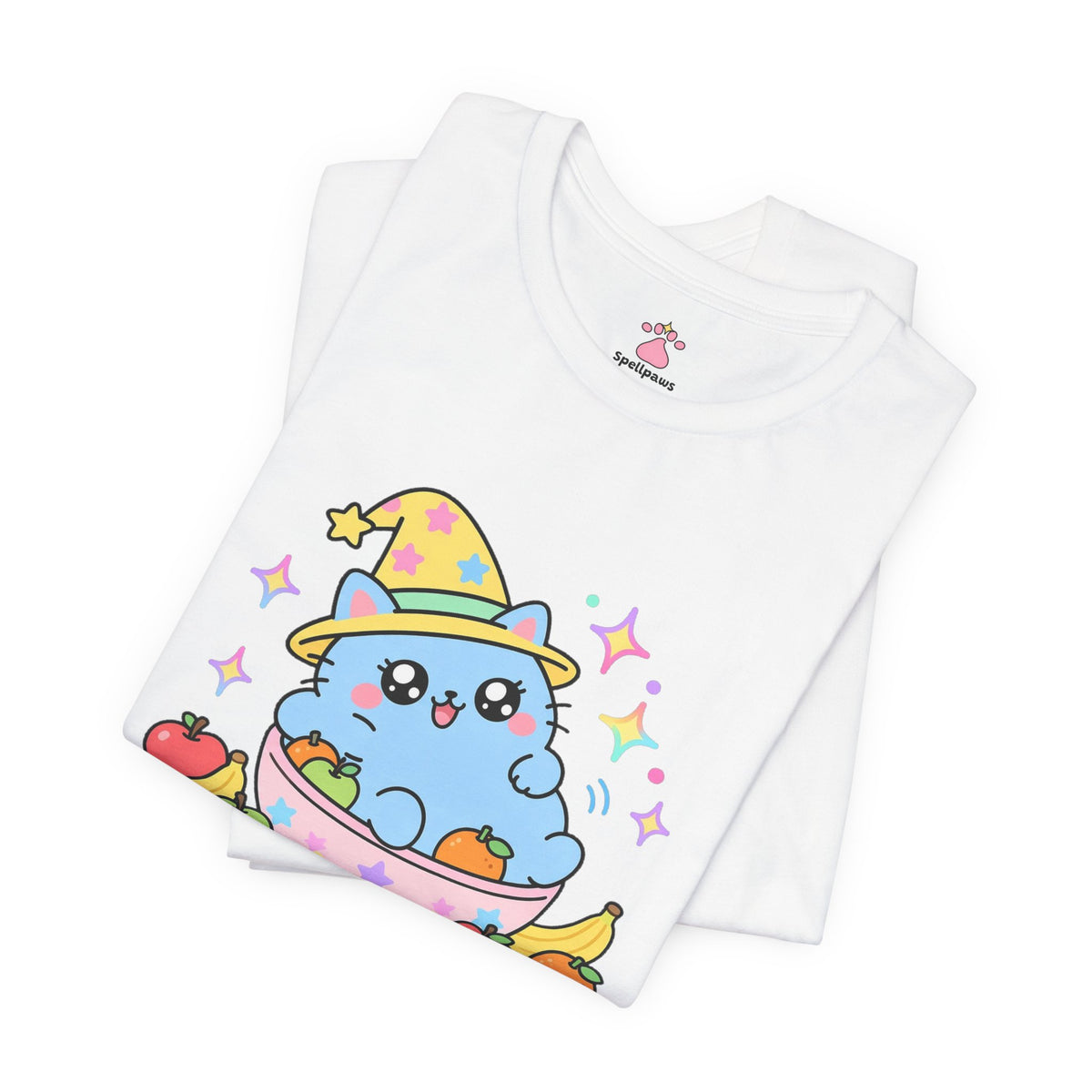 Chubby blue wizard cat crammed into a small fruit bowl with fruit spilling out, Bowlus Snugus tee