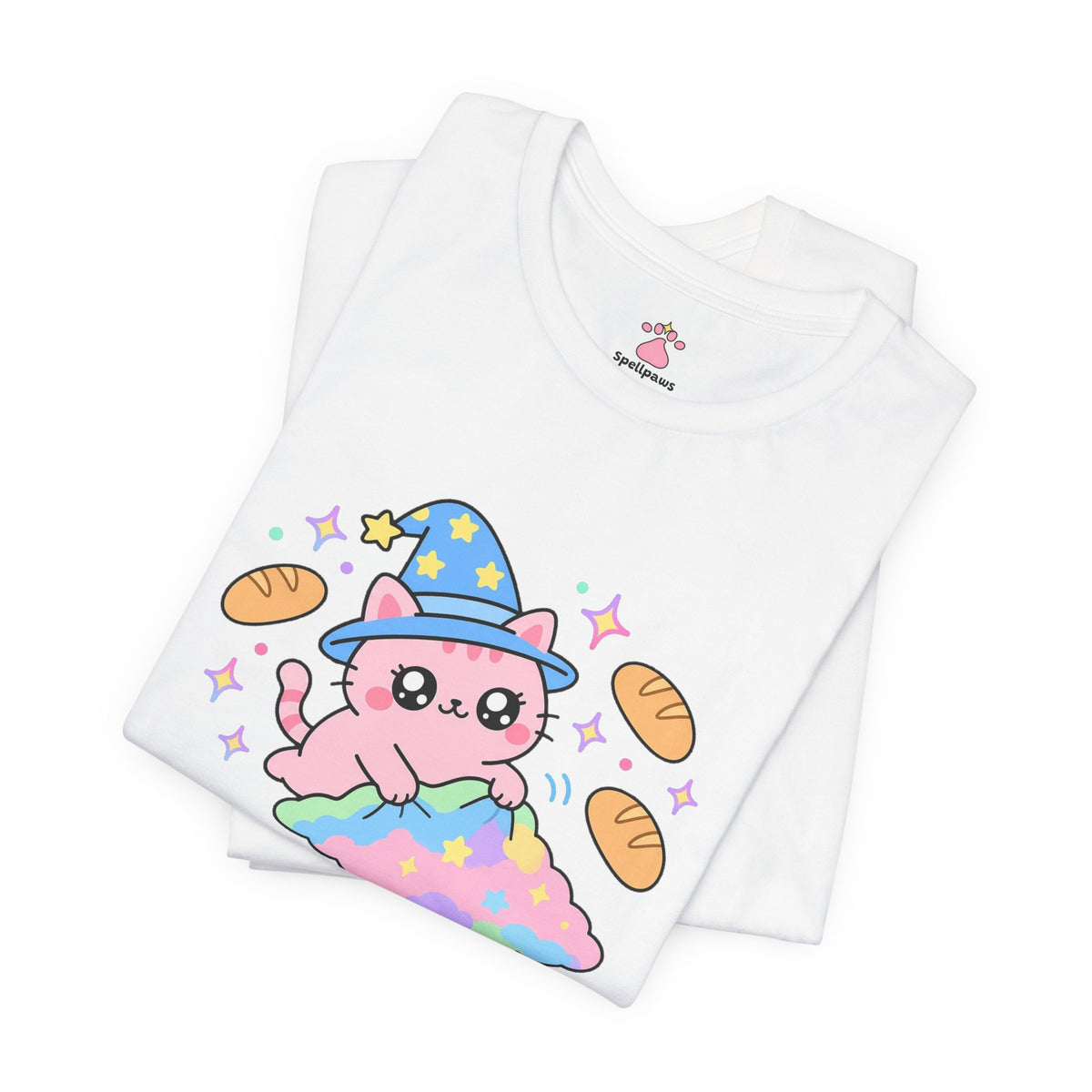 Pink wizard cat in a blue hat kneading a fluffy rainbow blanket with little bread loaves floating around, Biscuitus Bakus tee