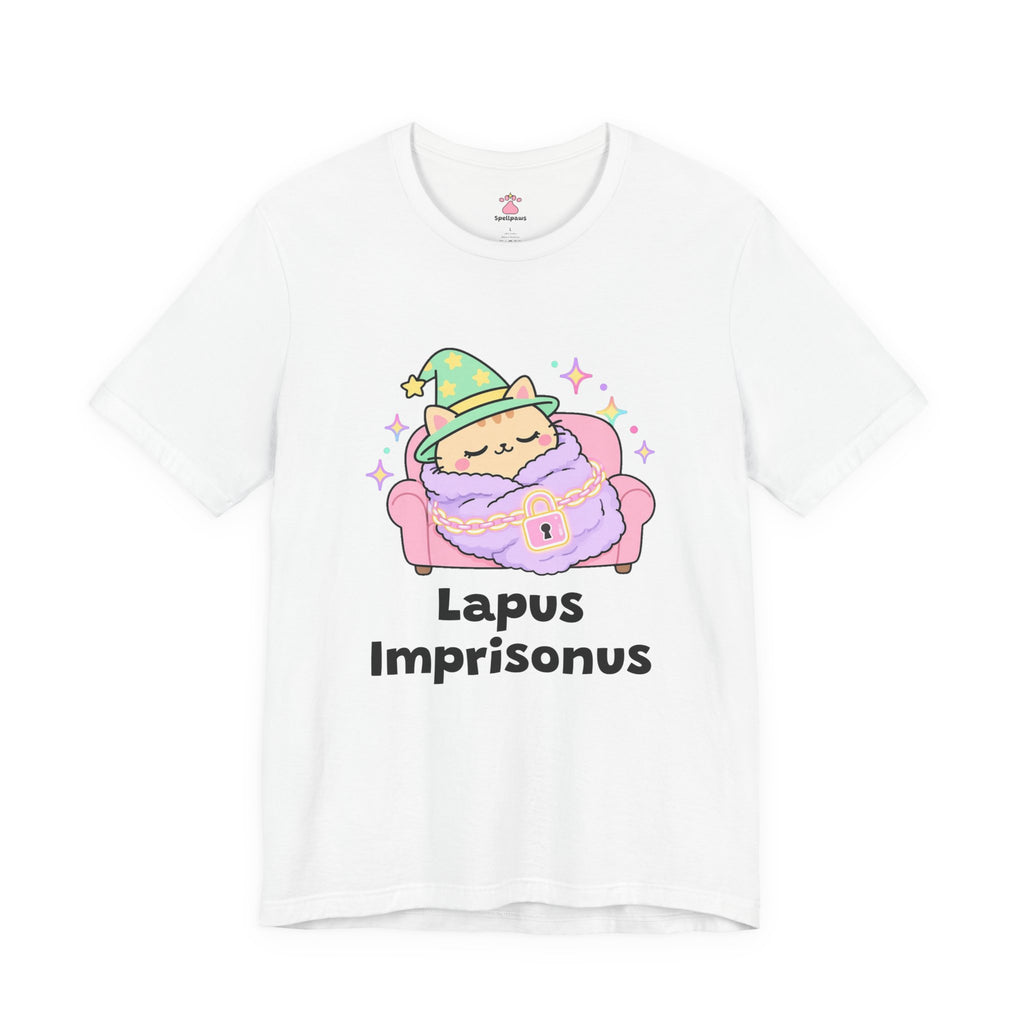 Sleepy wizard cat in a green hat curled up on a pink lap blanket held by a tiny padlock, Lapus Imprisonus tee