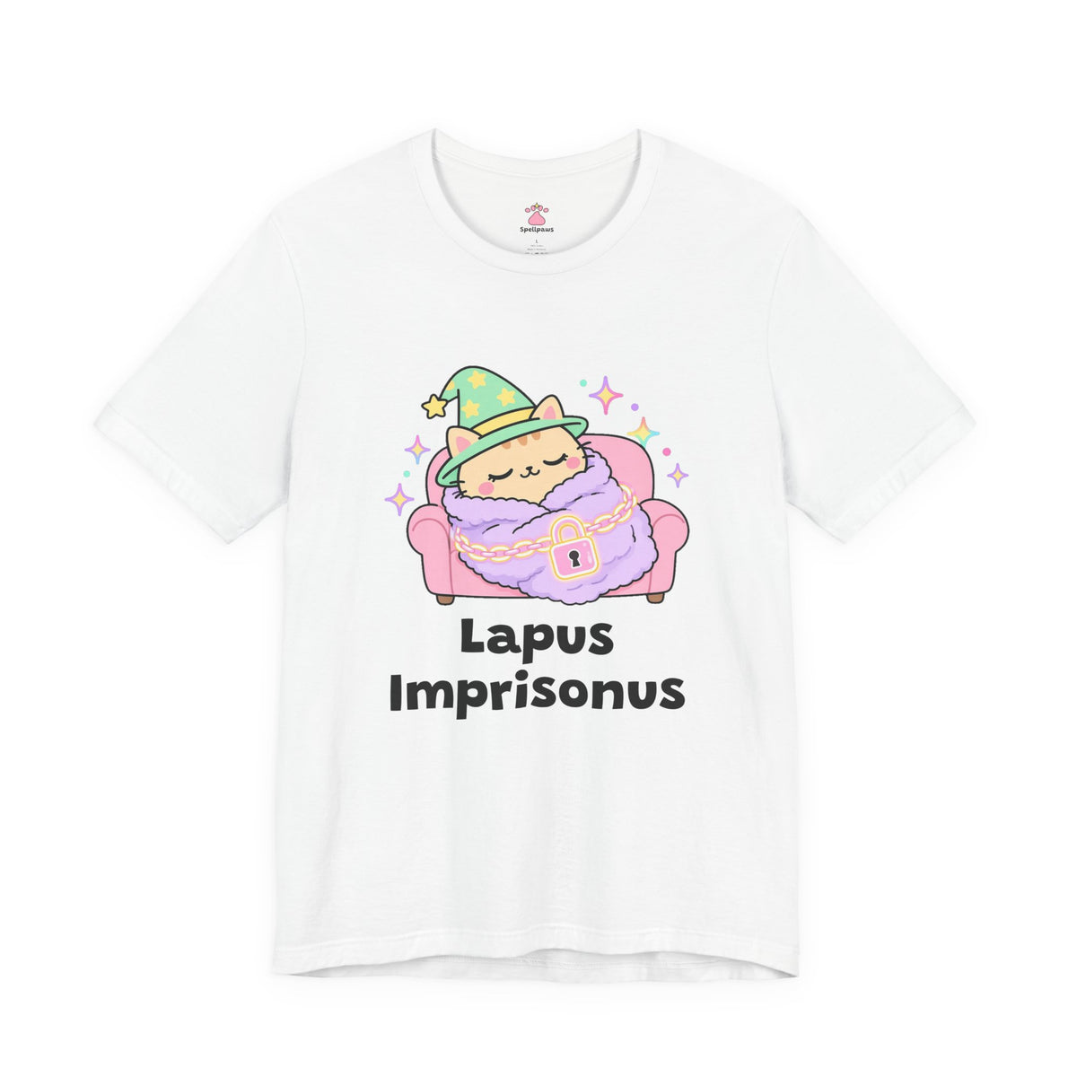 Sleepy wizard cat in a green hat curled up on a pink lap blanket held by a tiny padlock, Lapus Imprisonus tee