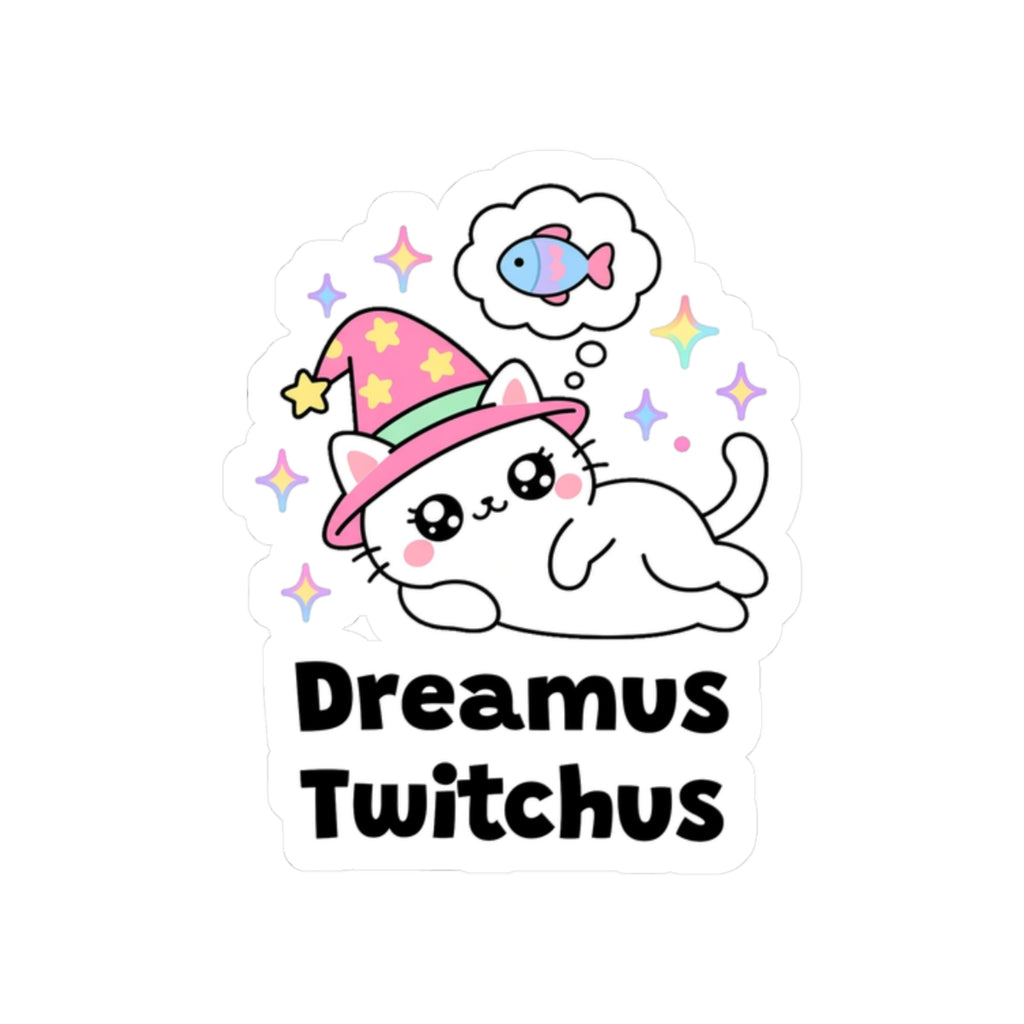Dreamus Twitchus kiss-cut vinyl sticker on a white background, size option 4: white wizard cat in a pink hat asleep on its side, dreaming of a fish in a thought bubble