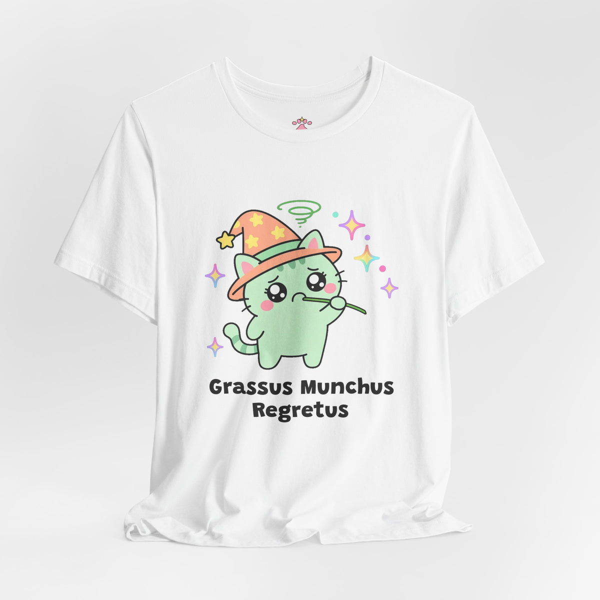 Mint green wizard cat in an orange hat chewing a blade of grass with an uh-oh face and a green swirl overhead, Grassus Munchus Regretus tee