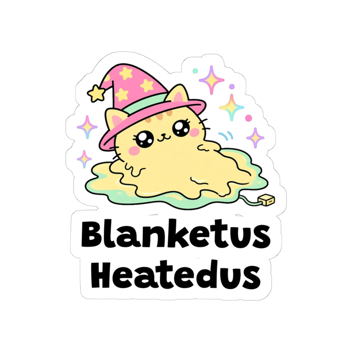 Blanketus Heatedus kiss-cut vinyl sticker on a white background, size option 3: cream wizard cat in a pink hat melted flat on a yellow heated blanket