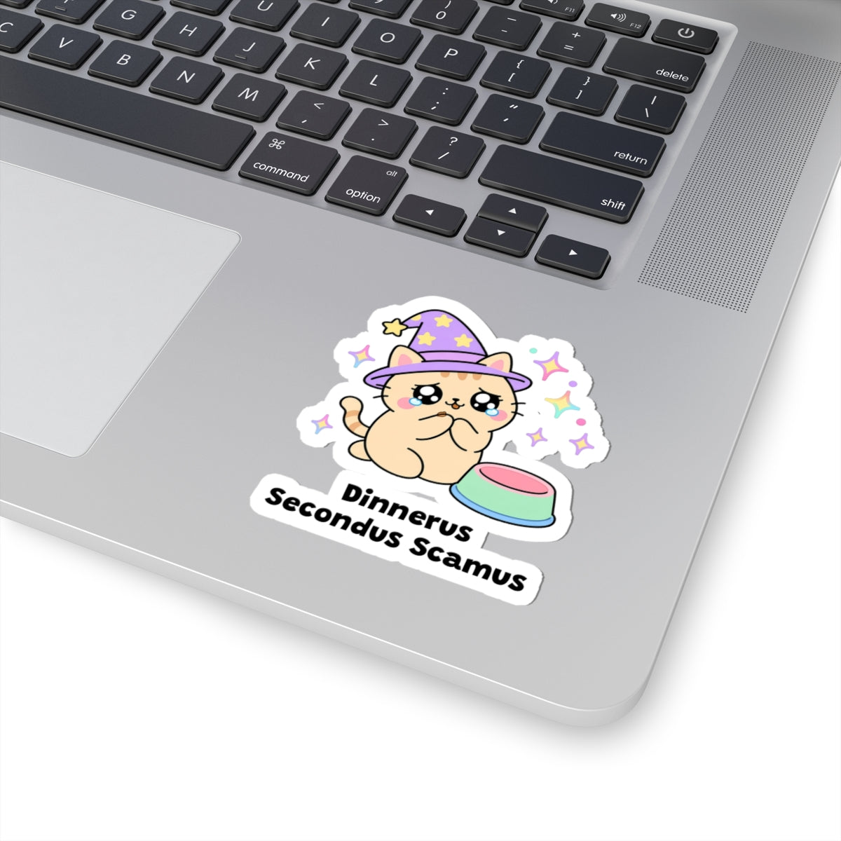 Dinnerus Secondus Scamus wizard cat sticker stuck on a silver laptop next to the keyboard