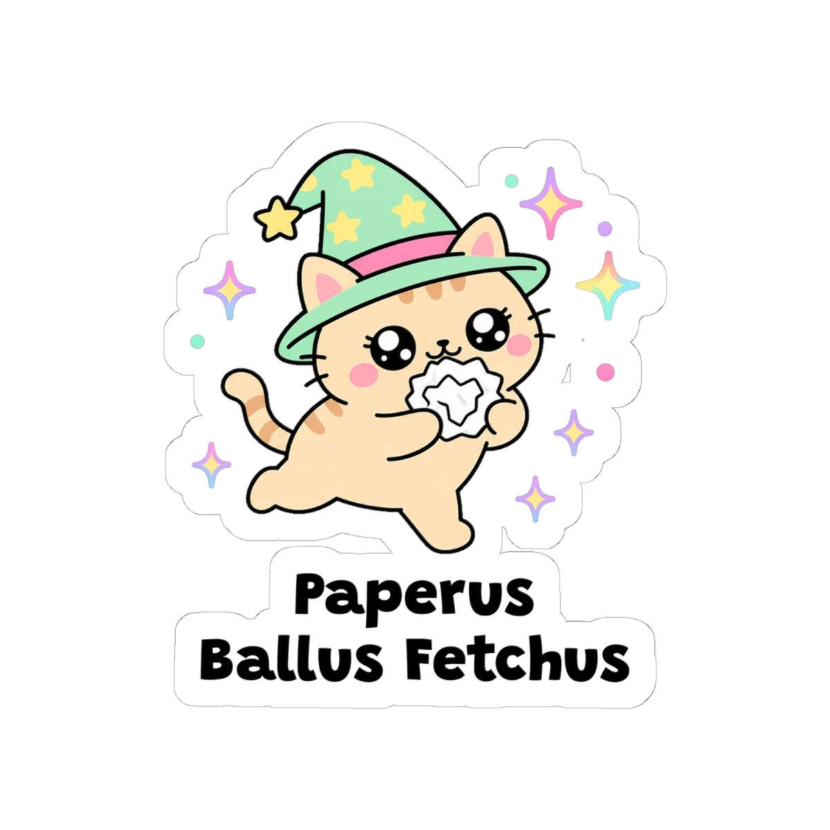 Paperus Ballus Fetchus kiss-cut vinyl sticker on a white background, size option 2: peach wizard cat in a green hat carrying a crumpled paper ball in its mouth
