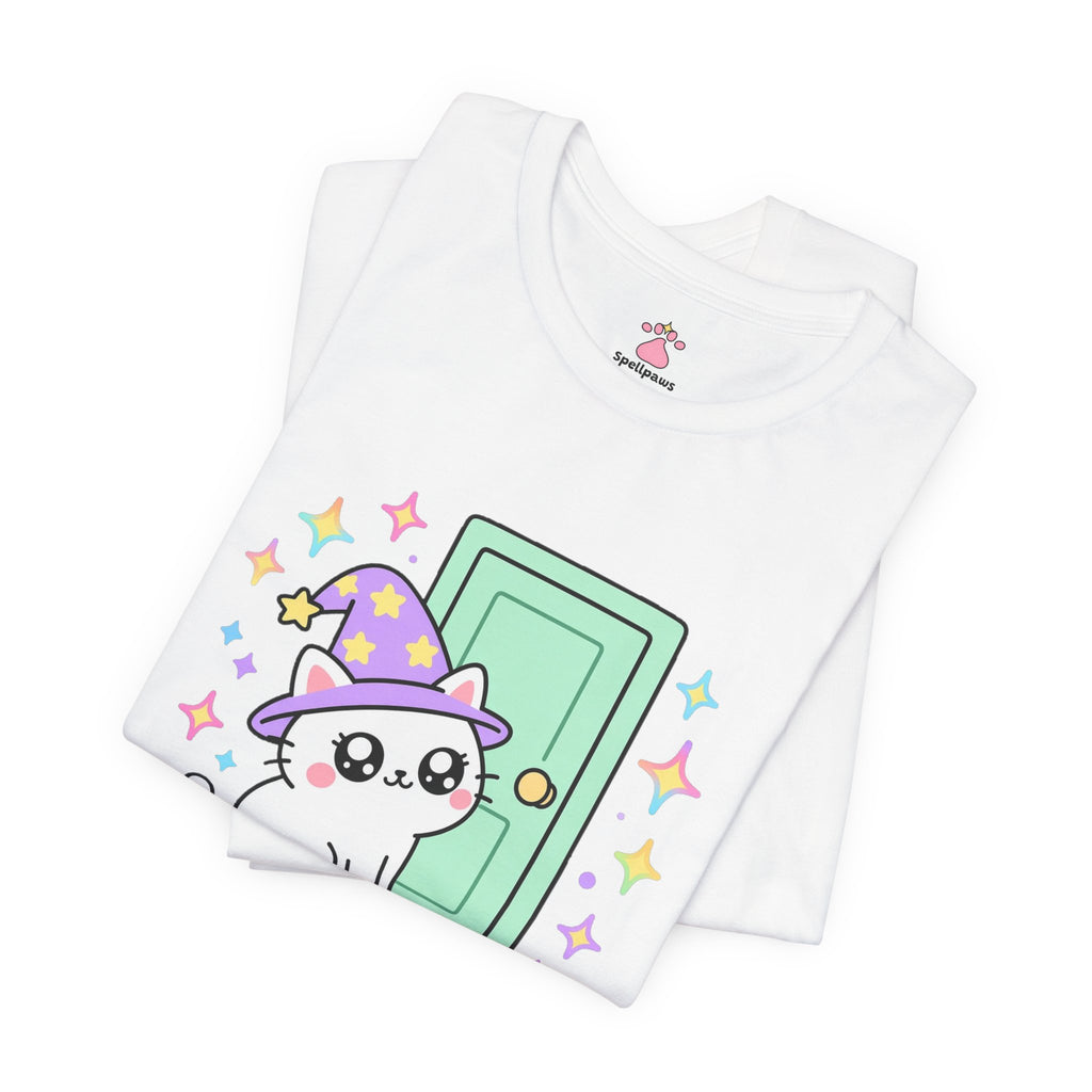 White wizard cat in a purple hat sitting at an open green bathroom door, staring with big sparkly eyes, Bathroomus Escortus tee