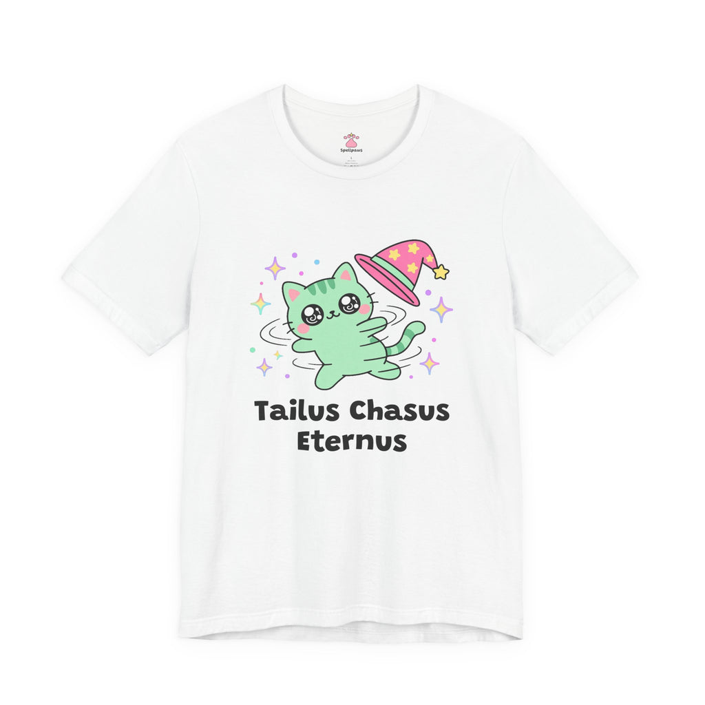 Green wizard cat in a pink hat spinning in a circle chasing its own tail, Tailus Chasus Eternus tee
