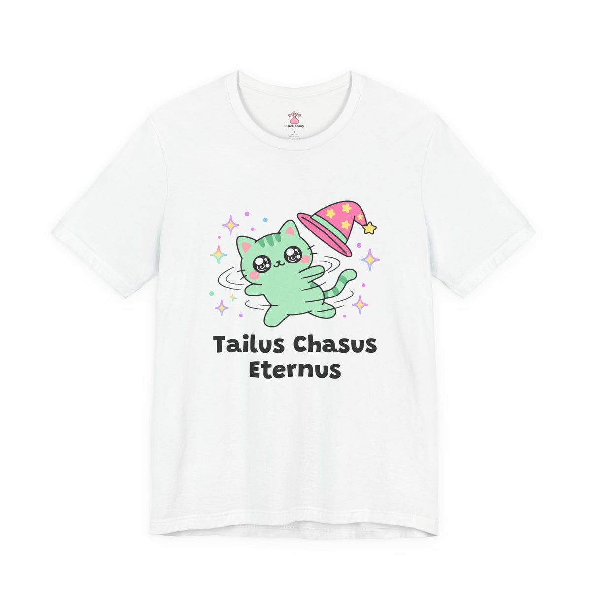 Green wizard cat in a pink hat spinning in a circle chasing its own tail, Tailus Chasus Eternus tee