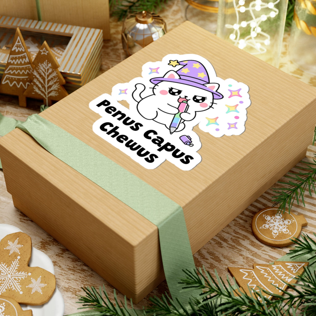 Penus Capus Chewus wizard cat sticker on a kraft gift box with a green ribbon and holiday cookies