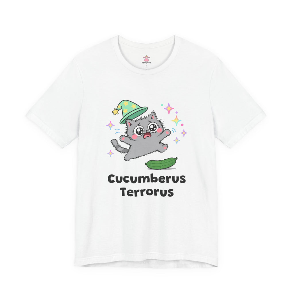 Gray wizard cat in a green hat leaping into the air in fright at a cucumber on the floor, Cucumberus Terrorus tee