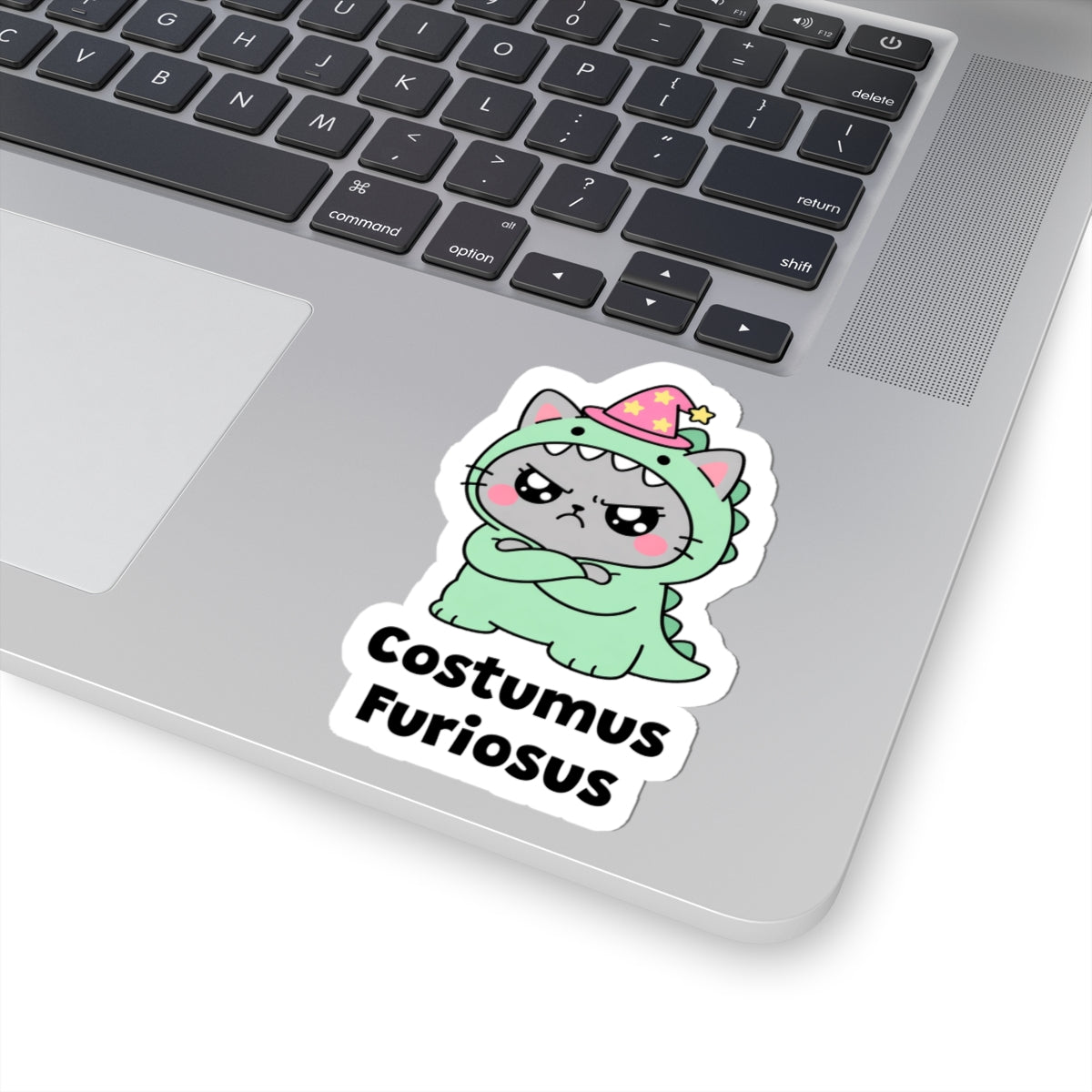 Costumus Furiosus wizard cat sticker stuck on a silver laptop next to the keyboard