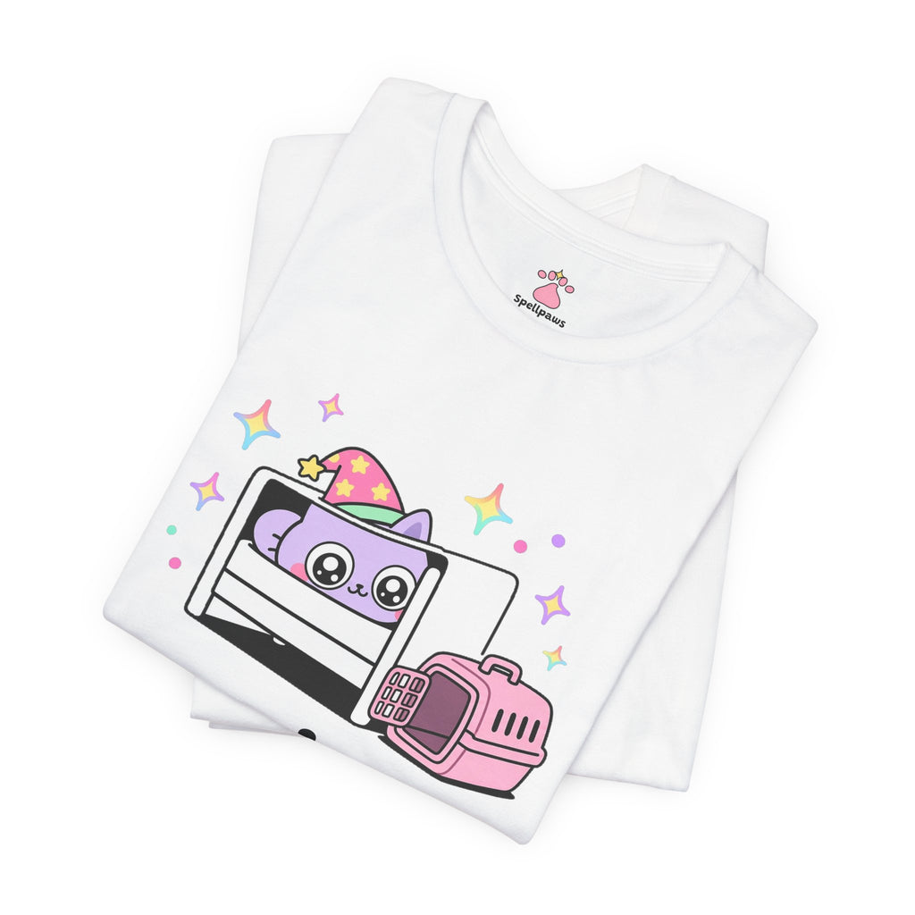 Purple wizard cat hiding under a bed with glowing eyes while a pink pet carrier waits nearby, Carrierus Vanishus tee