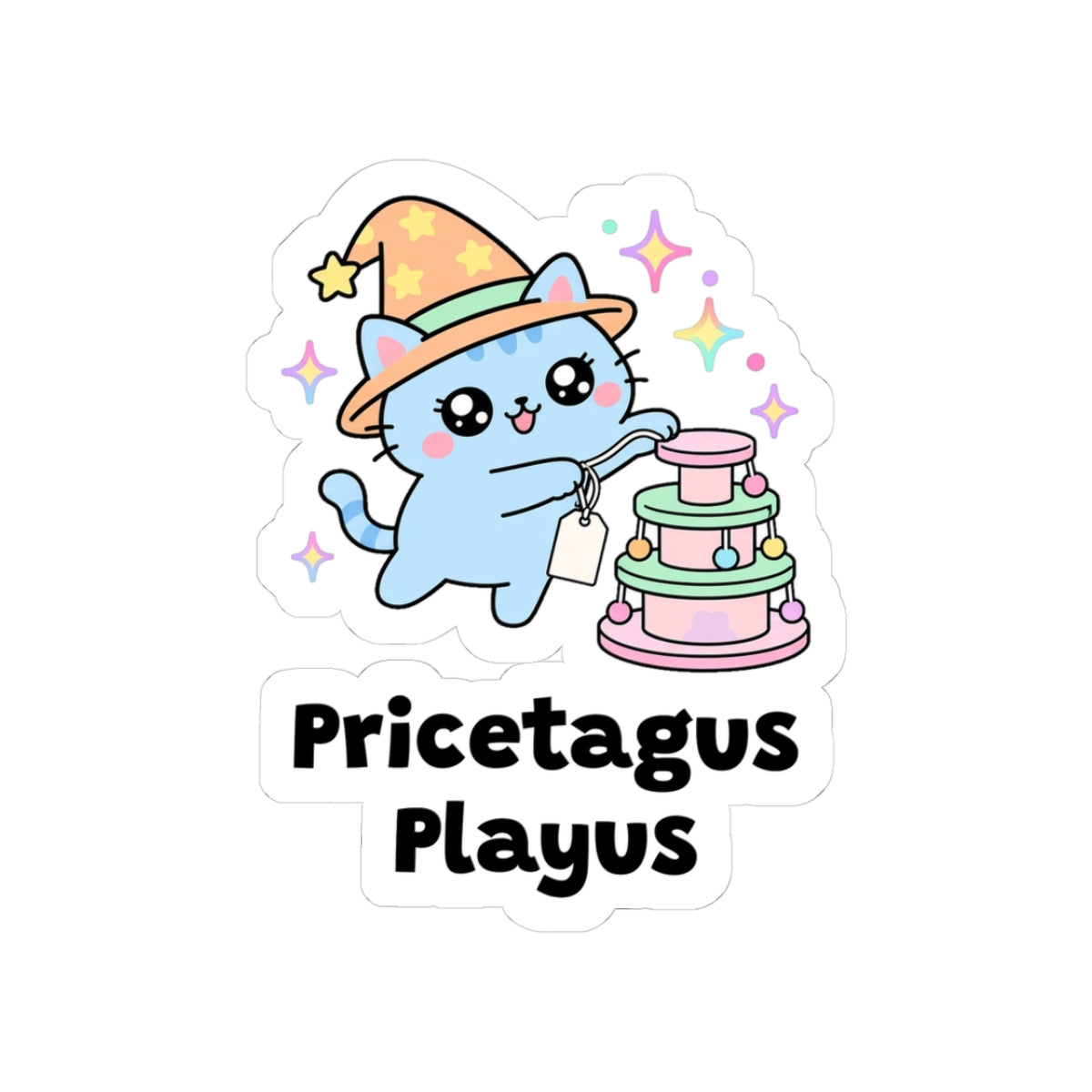 Pricetagus Playus kiss-cut vinyl sticker with a white border: blue wizard cat in a pink hat batting a price tag on a stack of new toys, with "Pricetagus Playus" in black letters