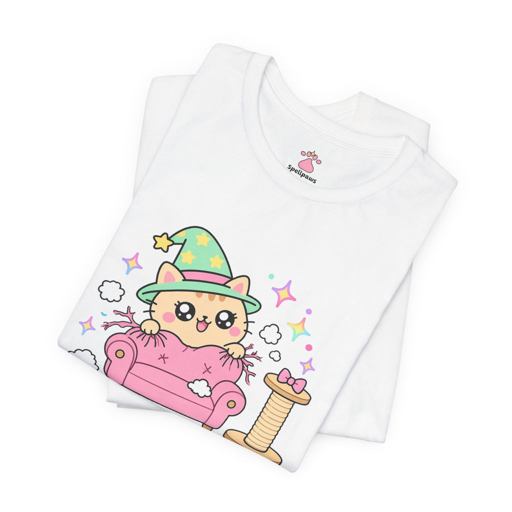 Ginger wizard cat in a green hat scratching a pink couch while a scratching post sits ignored beside it, Couchus Scratchus tee