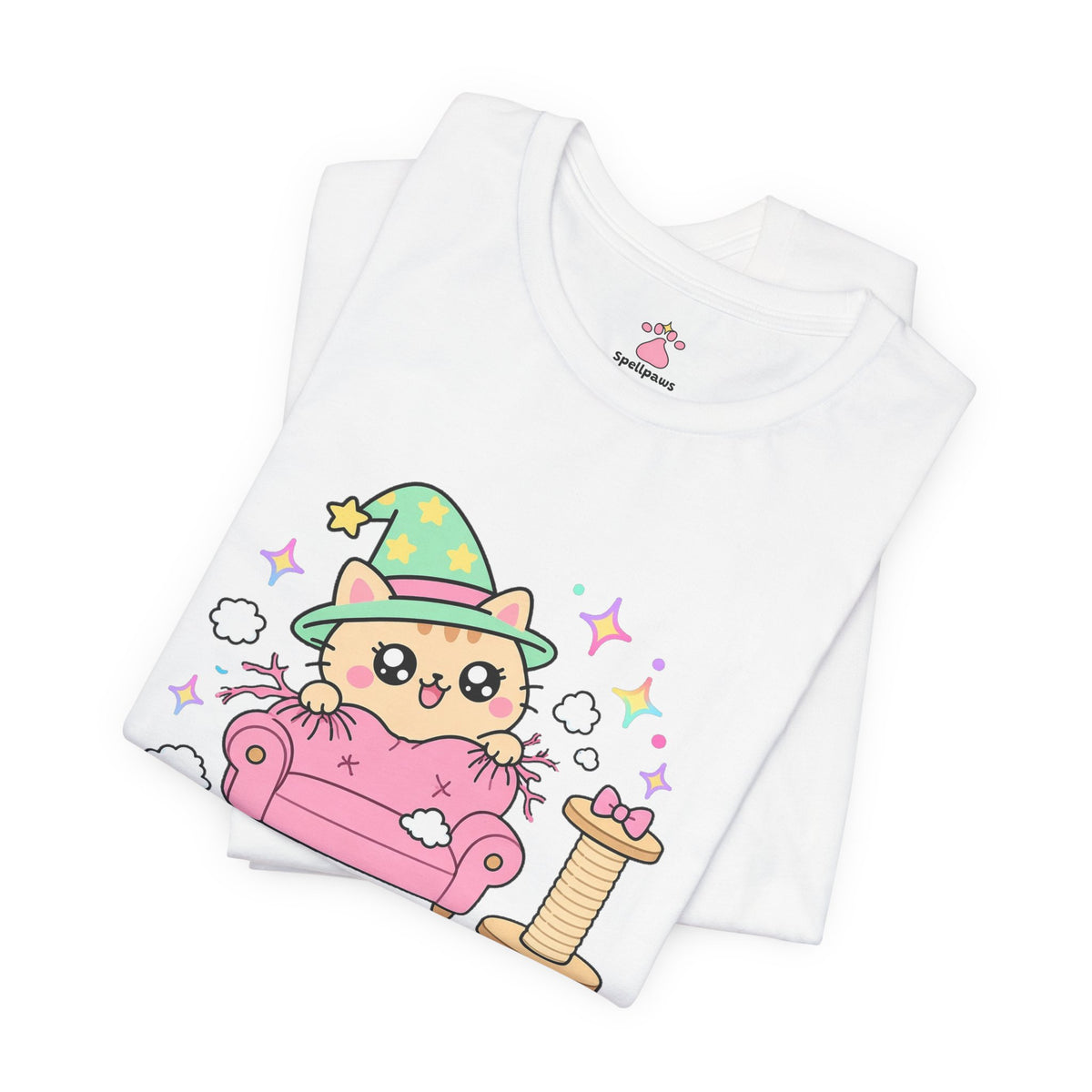Ginger wizard cat in a green hat scratching a pink couch while a scratching post sits ignored beside it, Couchus Scratchus tee