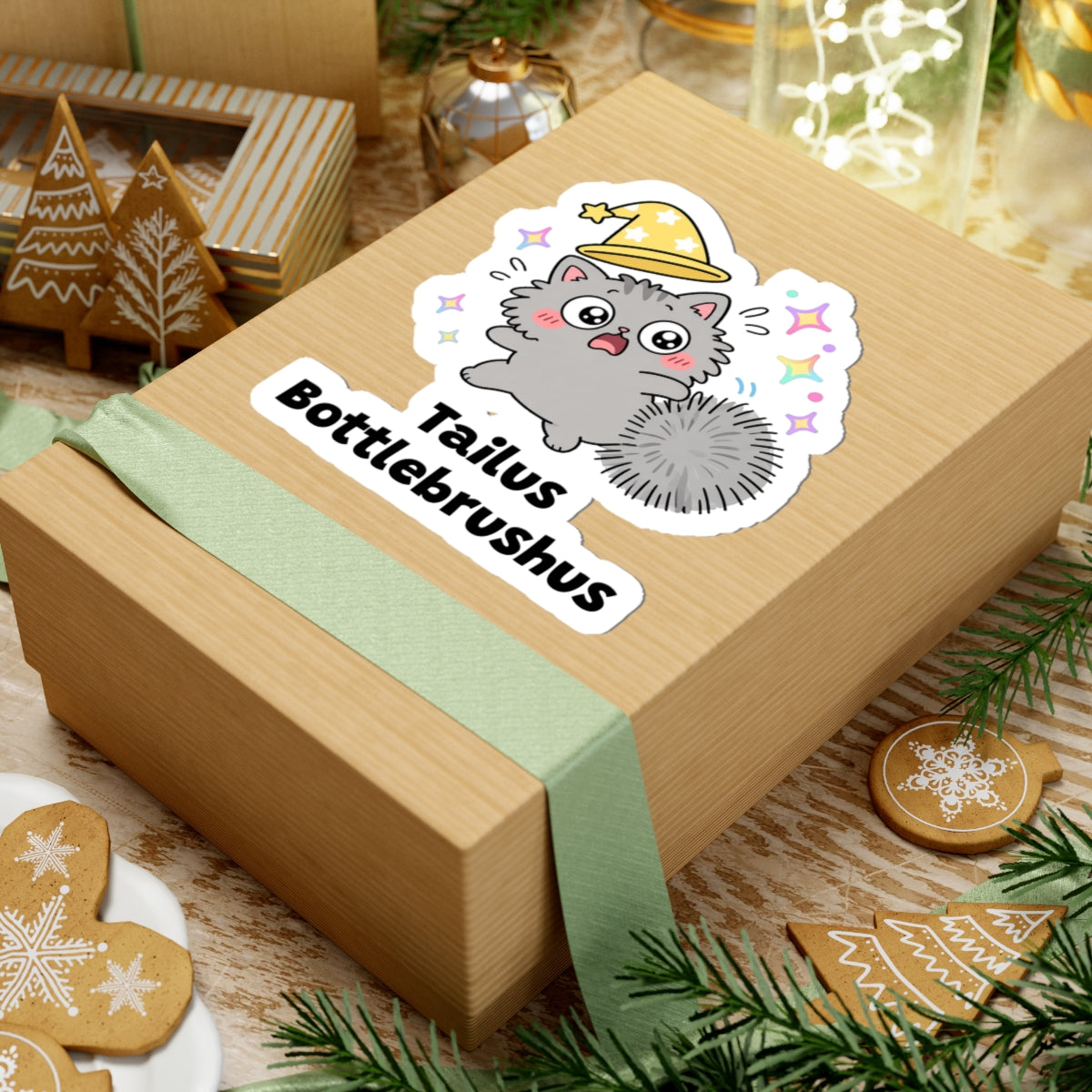 Tailus Bottlebrushus wizard cat sticker on a kraft gift box with a green ribbon and holiday cookies