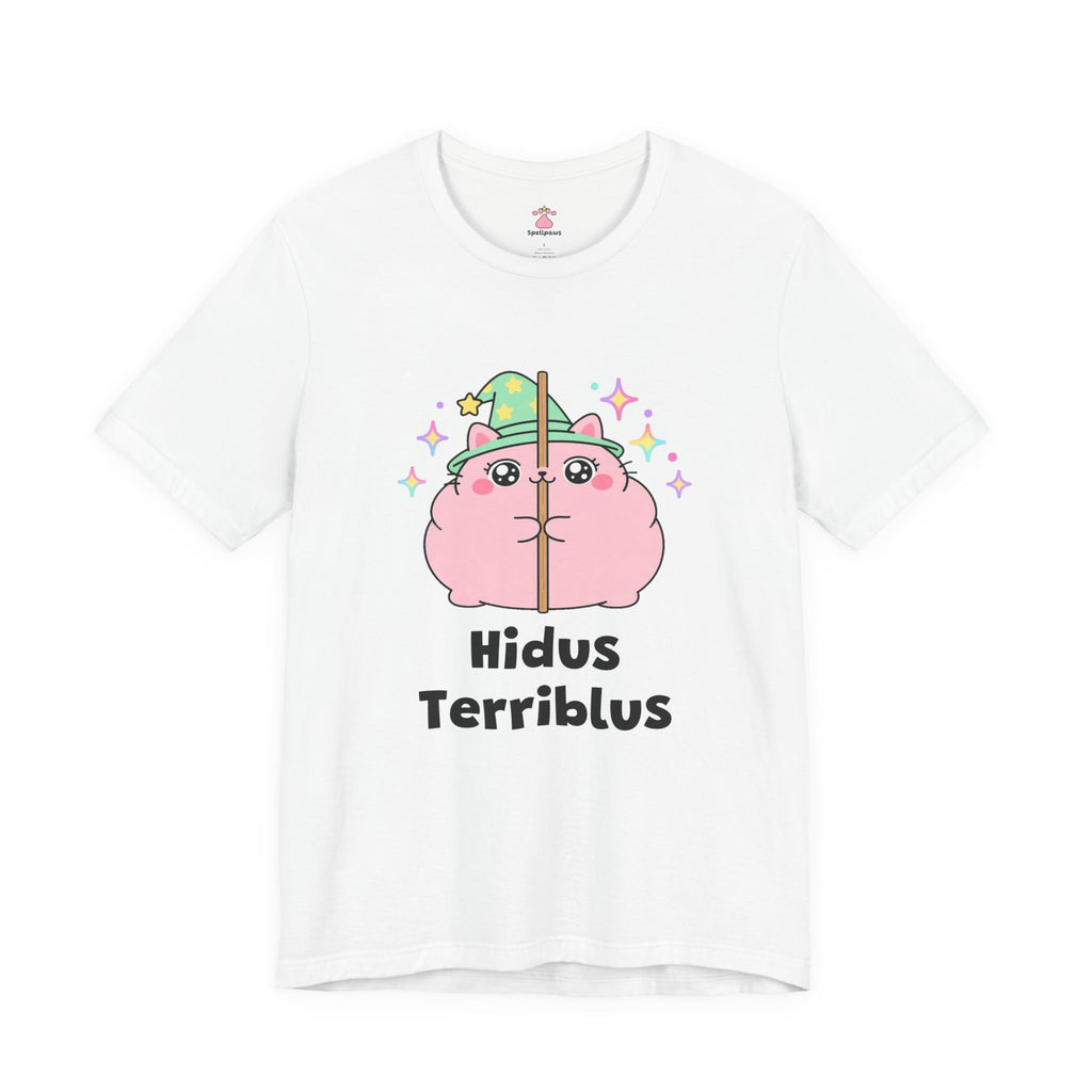 Chubby pink wizard cat hiding behind a thin chair leg with its whole body still visible, Hidus Terriblus tee