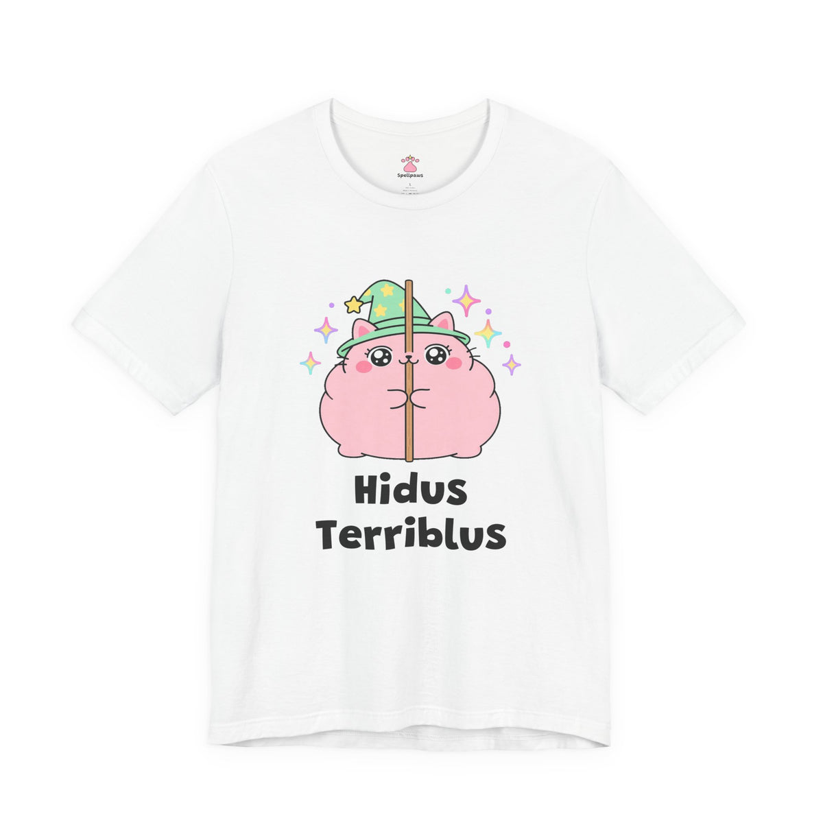 Chubby pink wizard cat hiding behind a thin chair leg with its whole body still visible, Hidus Terriblus tee