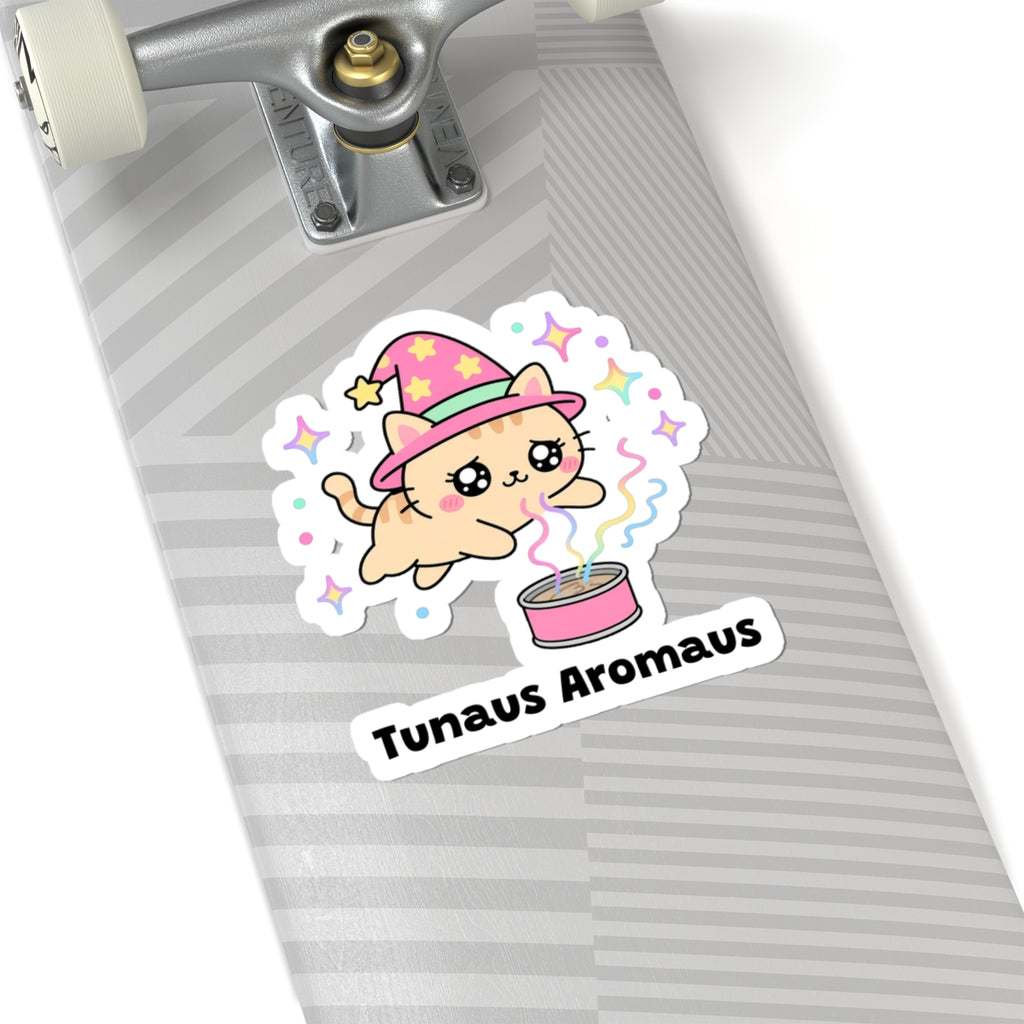 Tunaus Aromaus wizard cat sticker on a grey skateboard deck near the truck