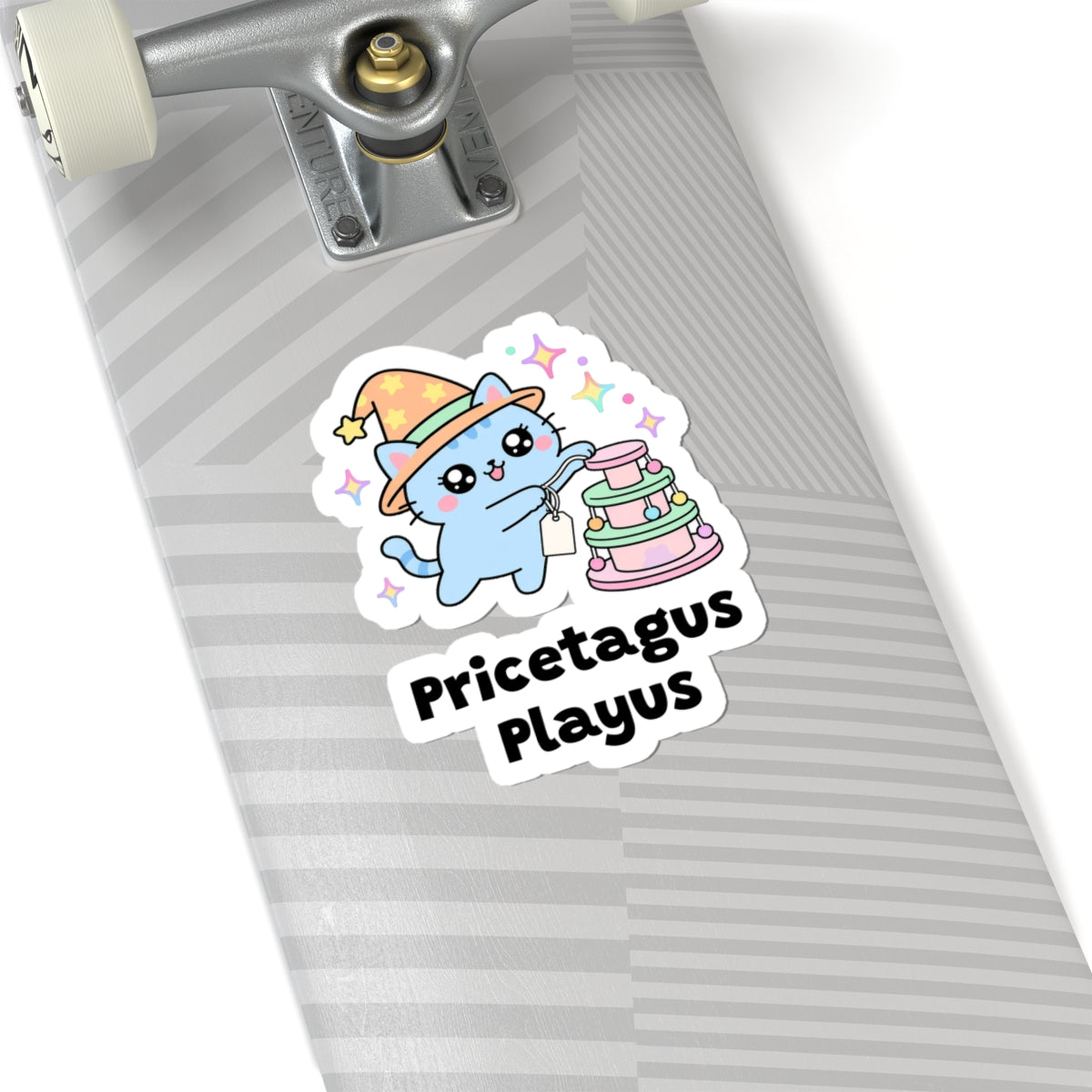 Pricetagus Playus wizard cat sticker on a grey skateboard deck near the truck