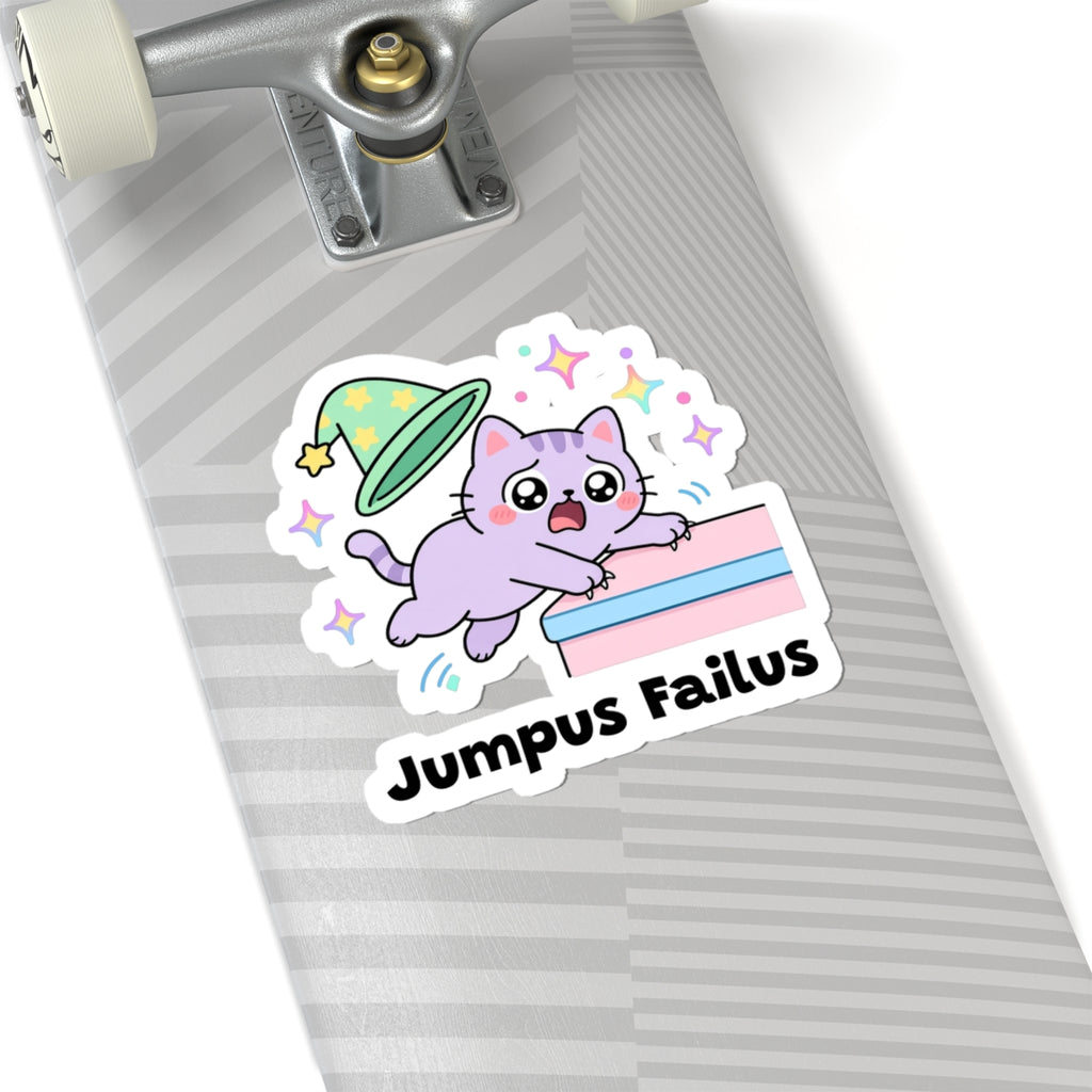 Jumpus Failus wizard cat sticker on a grey skateboard deck near the truck