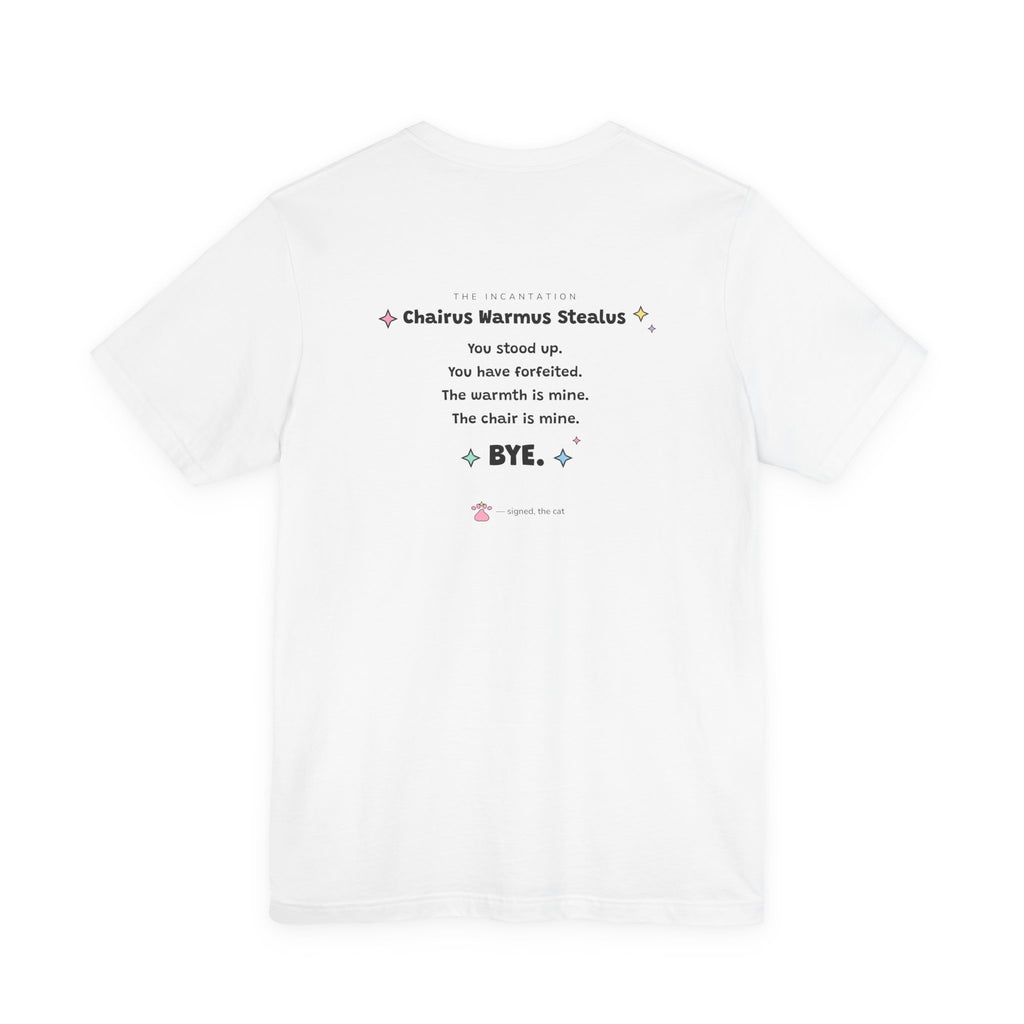 Back of the white Chairus Warmus Stealus T-shirt with the full spell incantation printed between the shoulders
