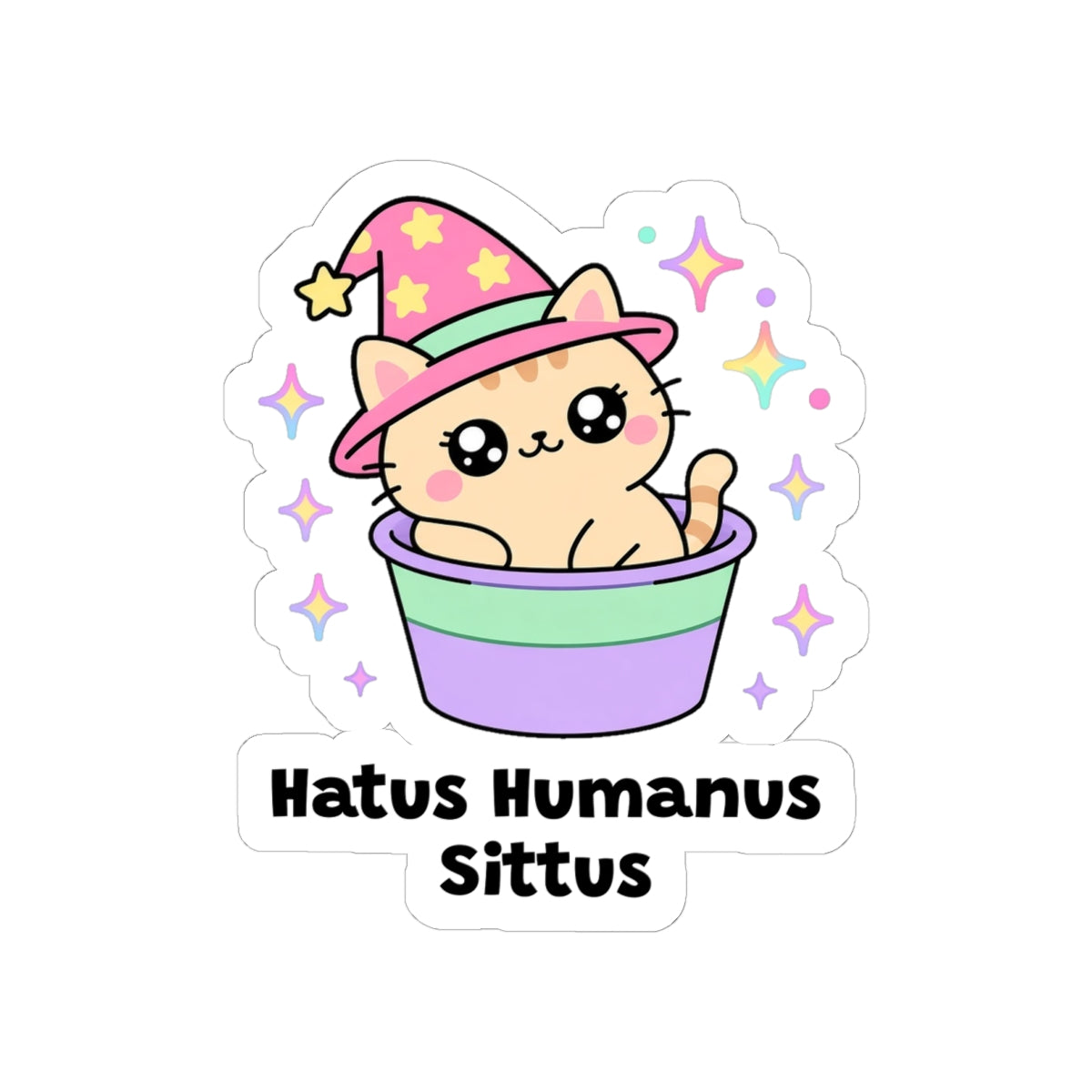 Hatus Humanus Sittus kiss-cut vinyl sticker on a white background, size option 3: peach wizard cat in a pink hat sitting inside a human's hat