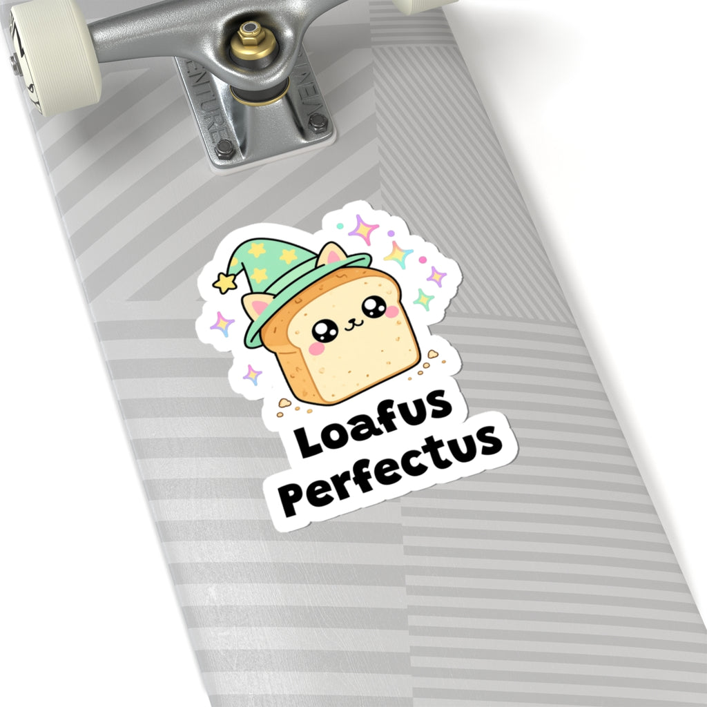 Loafus Perfectus wizard cat sticker on a grey skateboard deck near the truck