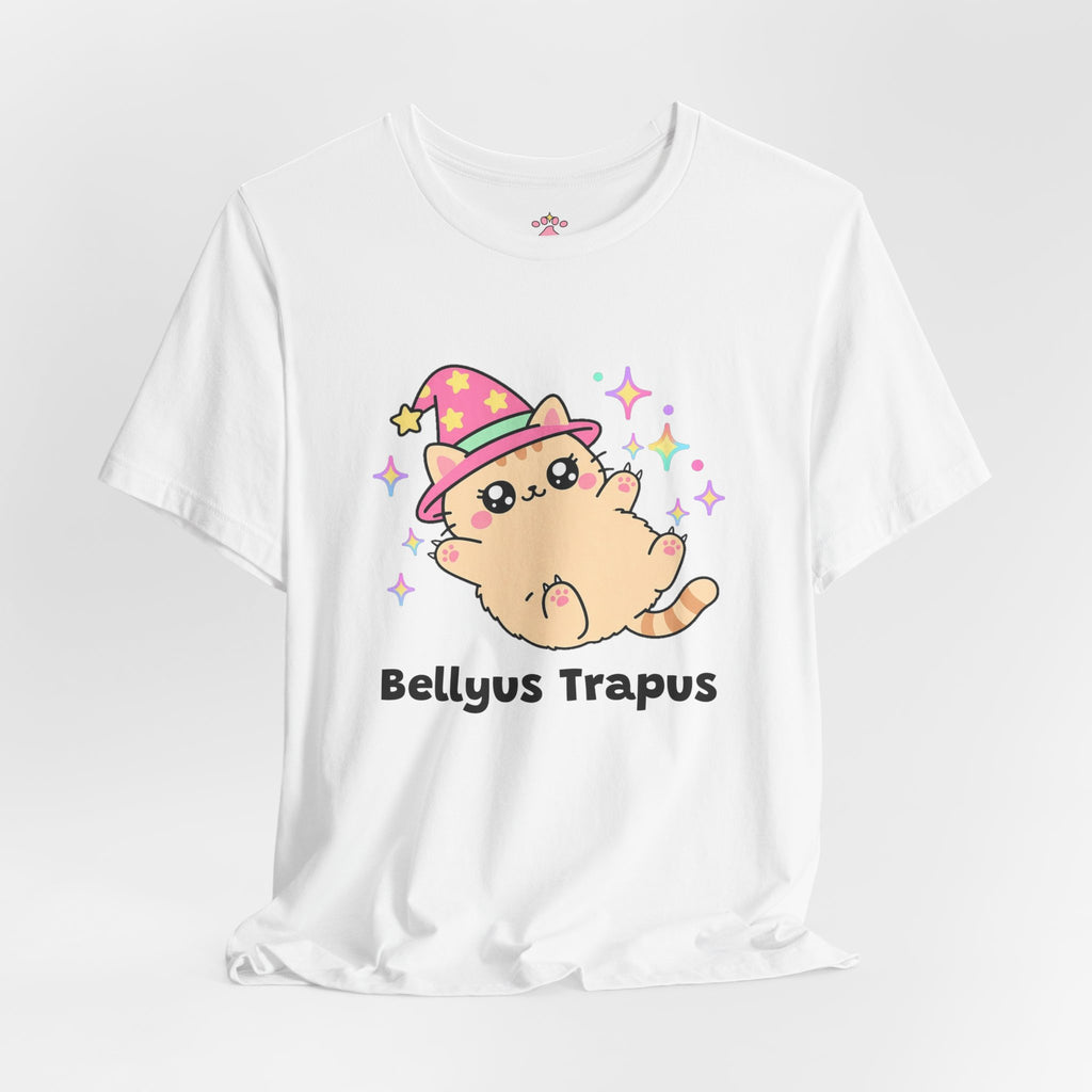 White Bellyus Trapus wizard cat T-shirt shown in a soft studio setting: peach wizard cat in a pink star hat lying on its back showing its fluffy belly