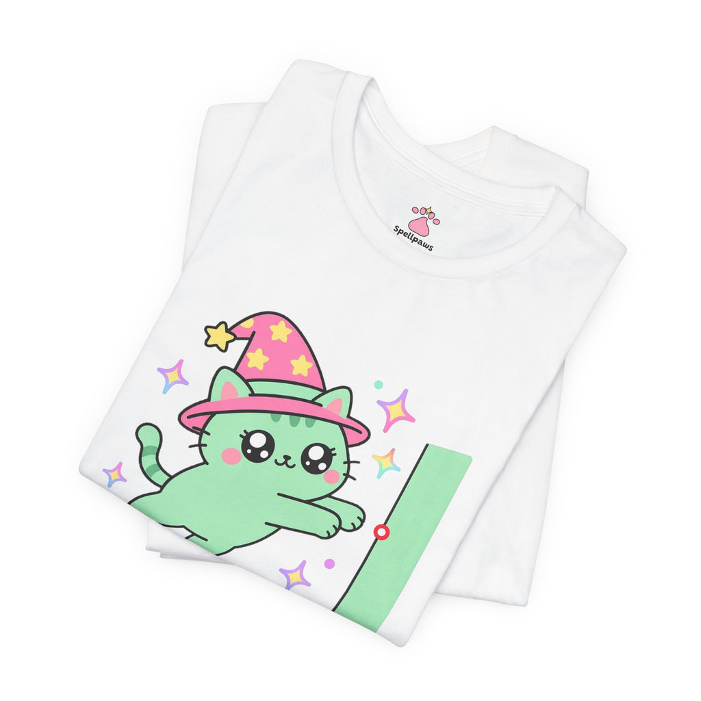 Mint wizard cat in a pink hat pouncing at a red laser dot on the wall, Dotus Redus Chasus tee