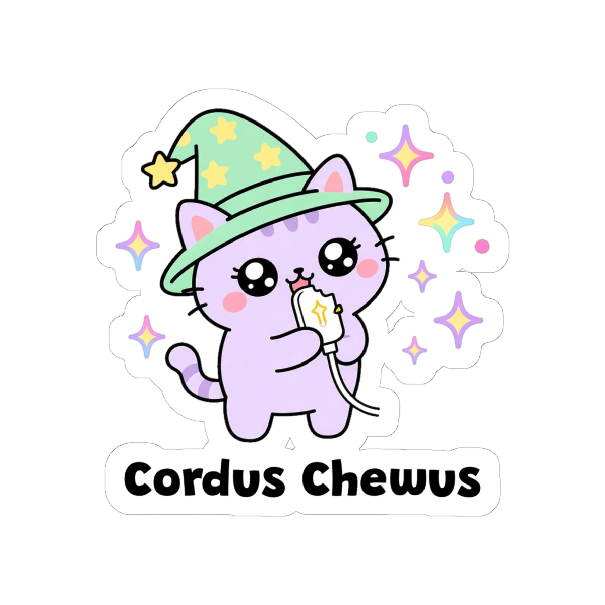 Cordus Chewus kiss-cut vinyl sticker on a white background, size option 3: lilac wizard cat in a green hat chewing a white charging cable