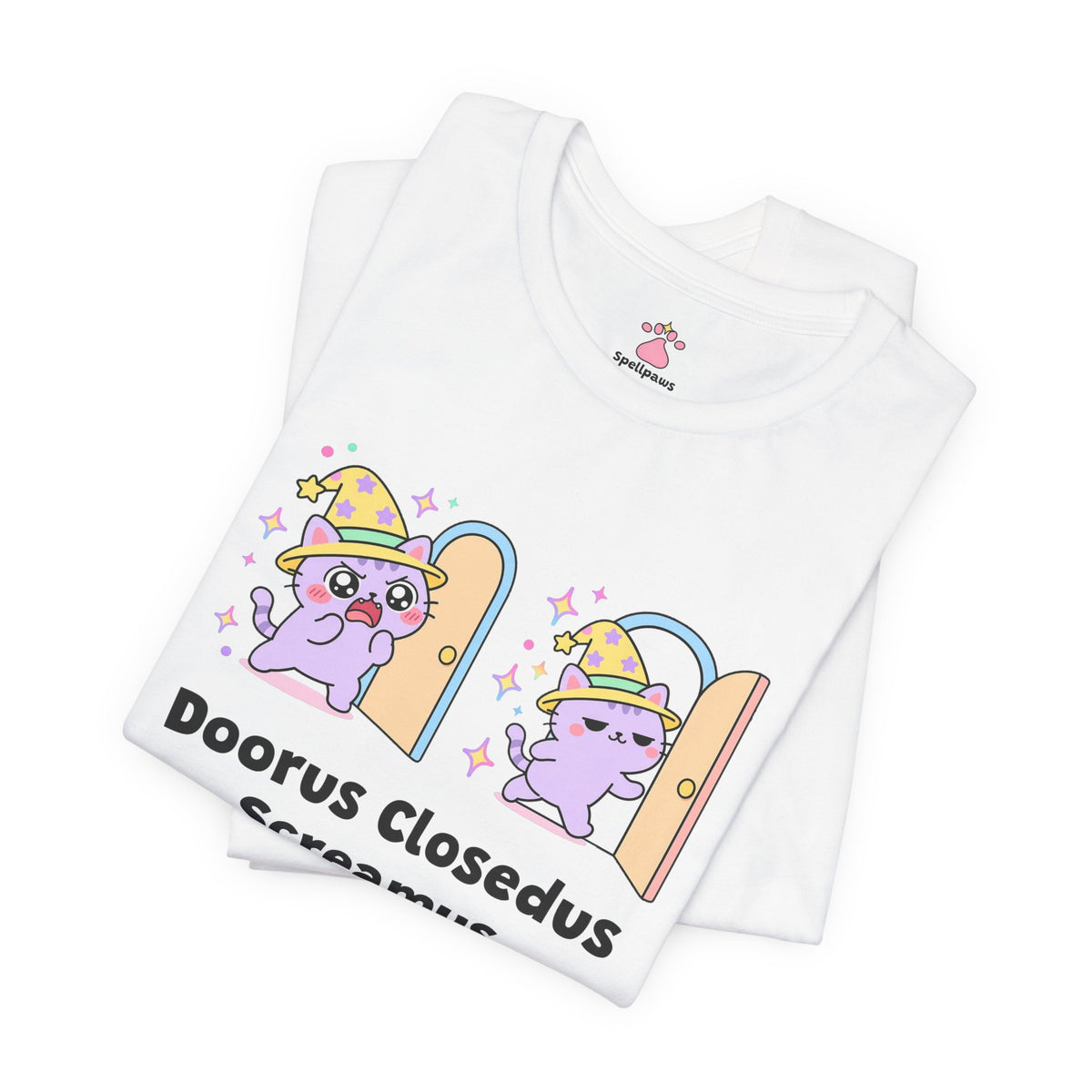 Purple wizard cat screaming at a closed door, then walking away when it opens, Doorus Closedus Screamus tee