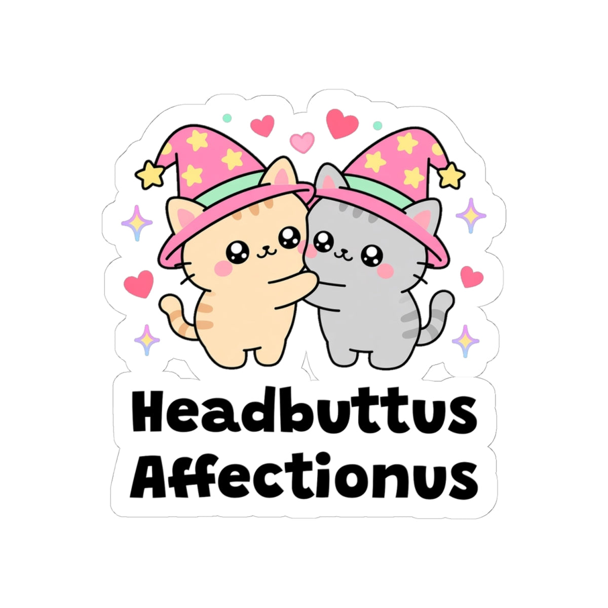 Headbuttus Affectionus kiss-cut vinyl sticker on a white background, size option 2: peach wizard cat and grey wizard cat in pink hats headbutting with love hearts