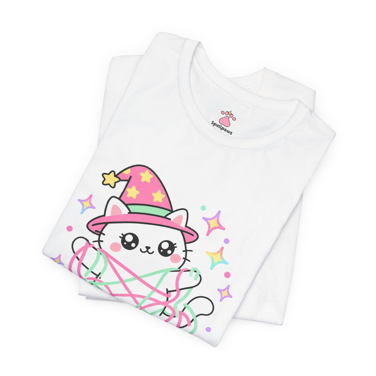 White wizard cat in a pink hat proudly wrapped up in pink and mint yarn, Yarnus Tanglus tee